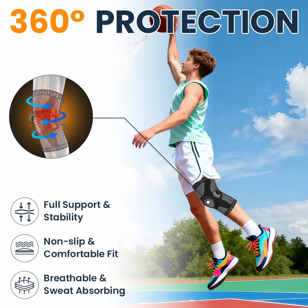 Tutore Ginocchio Ortopedico con Stabilizzatori Laterali e Patella Gel Pad, Compressione Antiscivolo per Corsa, Lesioni Menisco, Artrite