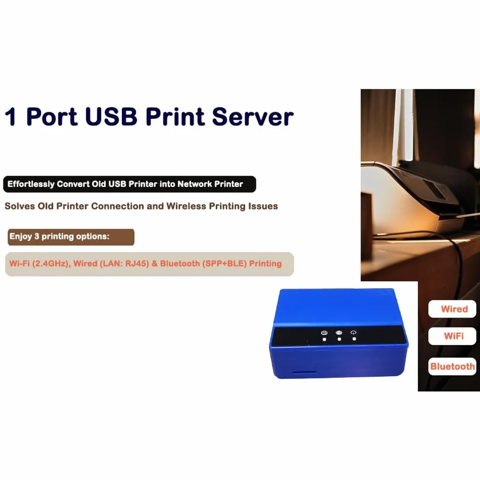 Server di Stampa Bluetooth Ethernet WiFi, Trasforma La Tua Stampante USB in Una Stampante Wireless. Spina UE