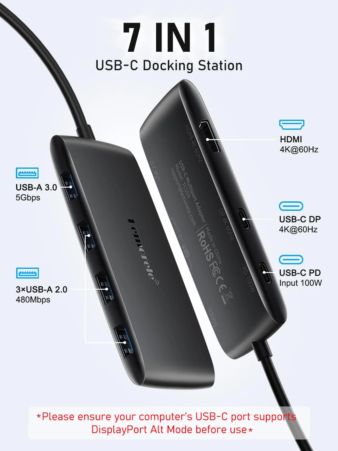 Lemorele Docking Station Dual Monitor, Hub USB C 7-in-1 con HDMI + Adattatore DP USB C 4K@60Hz, 3 Porte USB 3.0/2.0, Ricarica Rapida PD 100W, Plug and Play per Laptop Dell/HP/Surface/MacBook