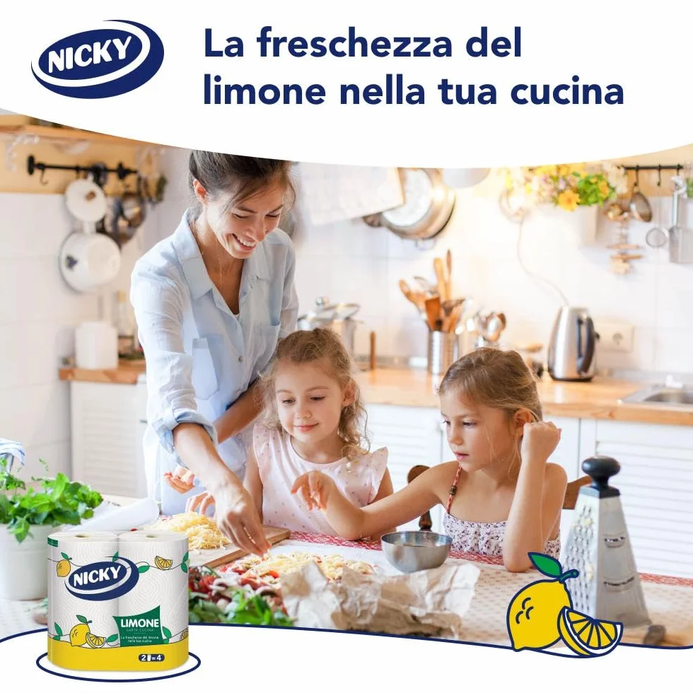 Nicky Limone Carta Cucina 2 Rotoli 100 Fogli Assorbenti 2 Veli Spessa Resistente Fresco Profumo Limone Certificata FSC