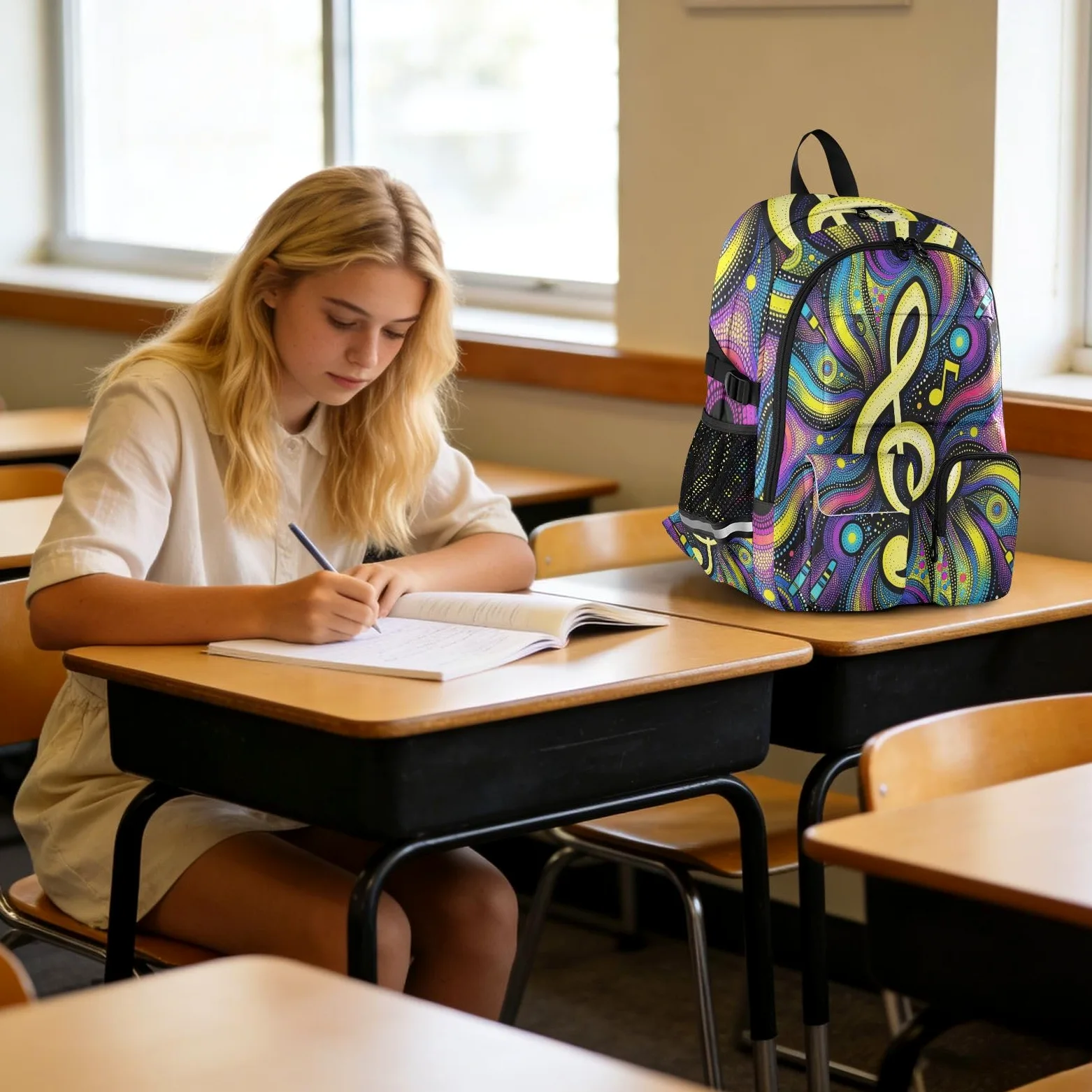 Zaino per computer portatile, motivo: note musicali arcobaleno, borsa da lavoro universitaria da 17,5 pollici