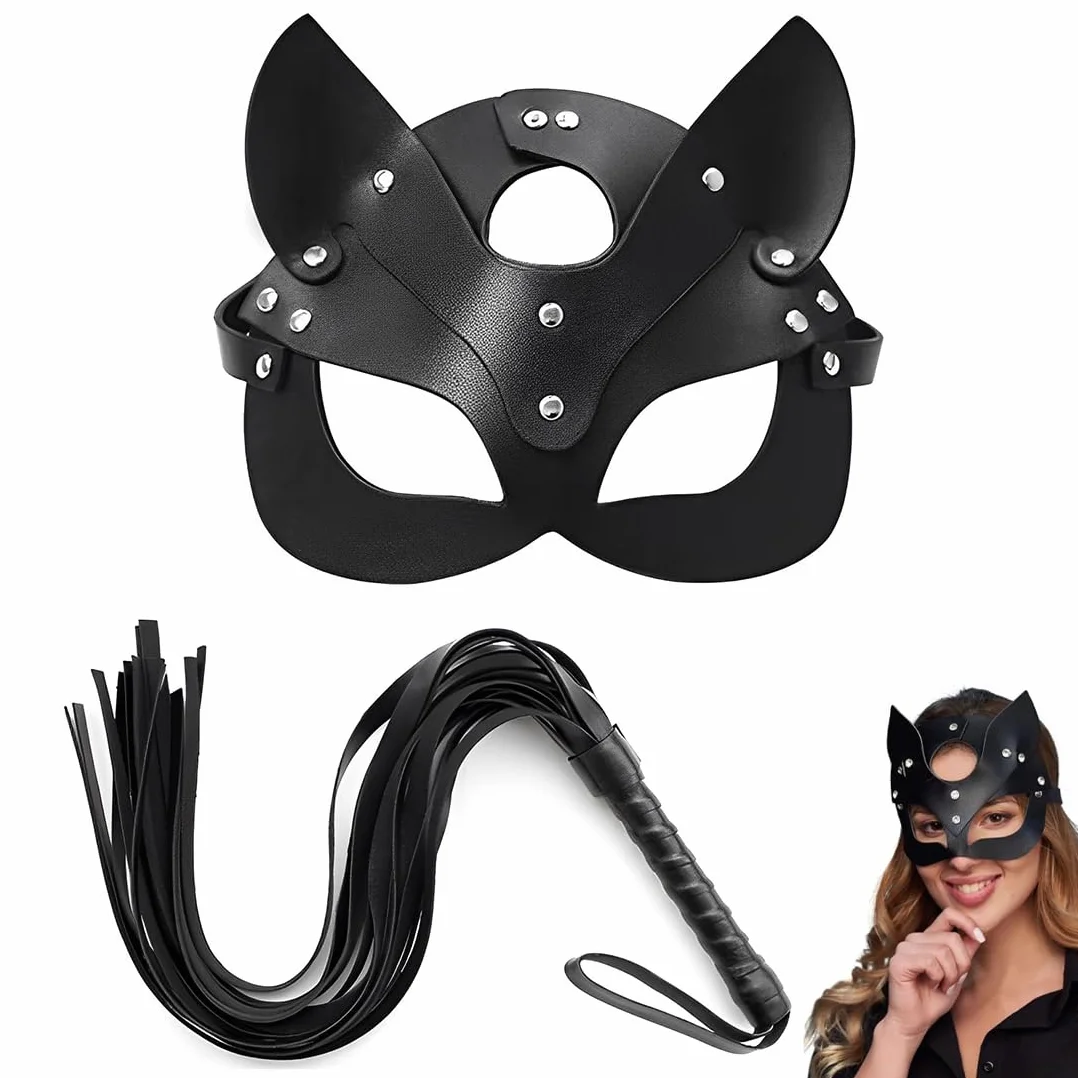 Frustino equitazione in pelle flessibile nera 2 pezzi con maschera travestimento