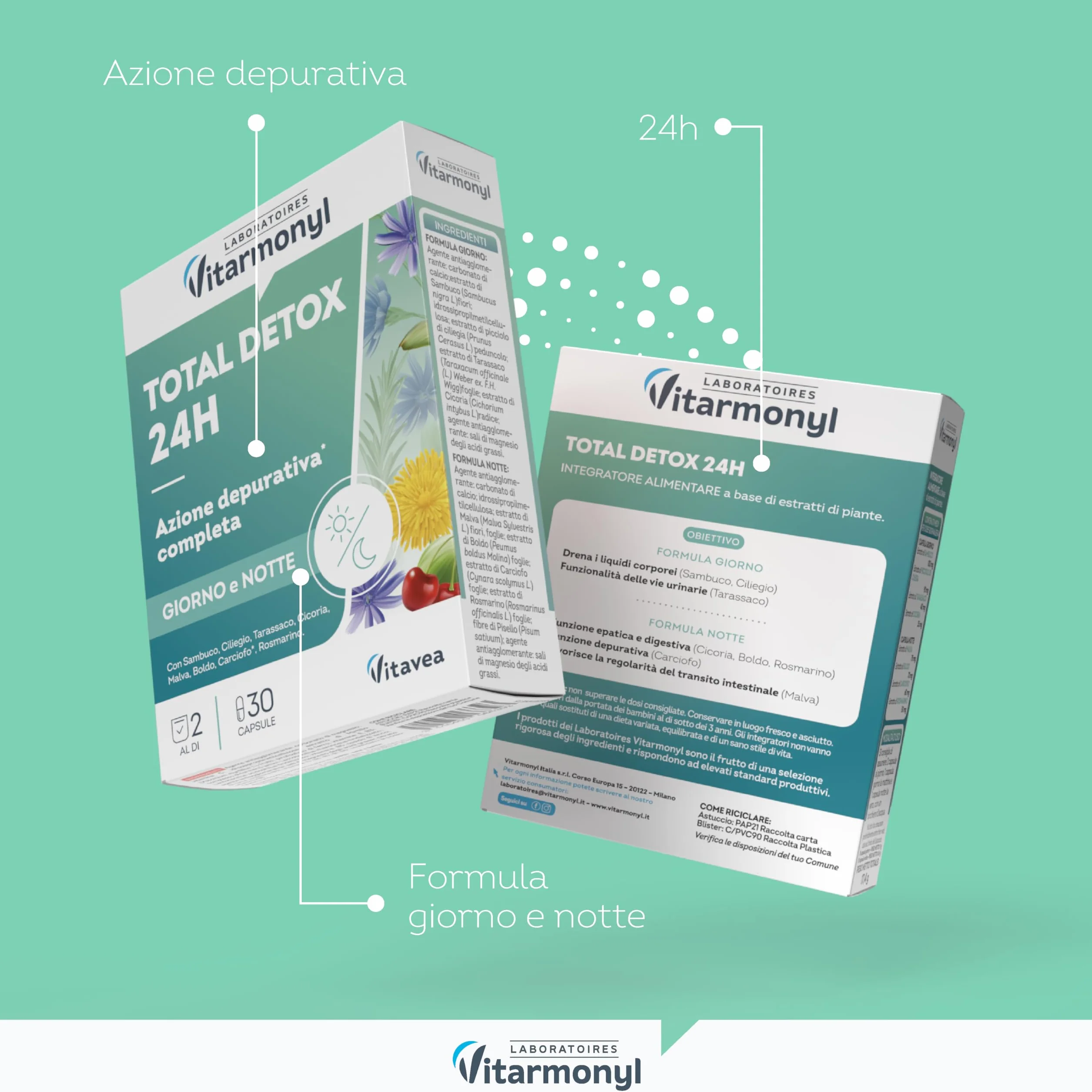 Vitarmonyl Total Detox 24H Drenante Forte Depurativo Fegato e Intestino 30 Capsule