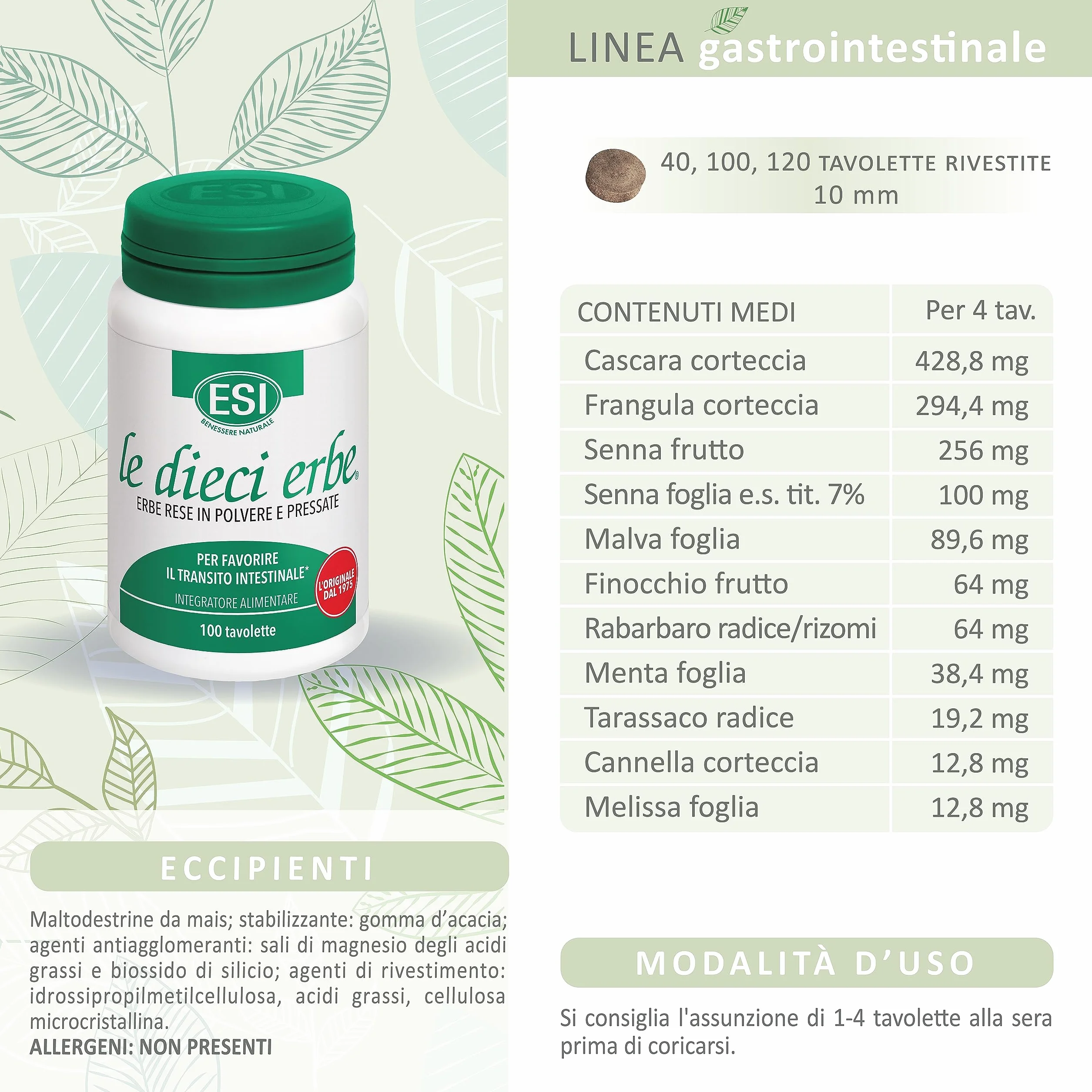 ESI Le Dieci Erbe Integratore Alimentare Vegetale con Tarassaco Lassativo Naturale 100 Tavolette