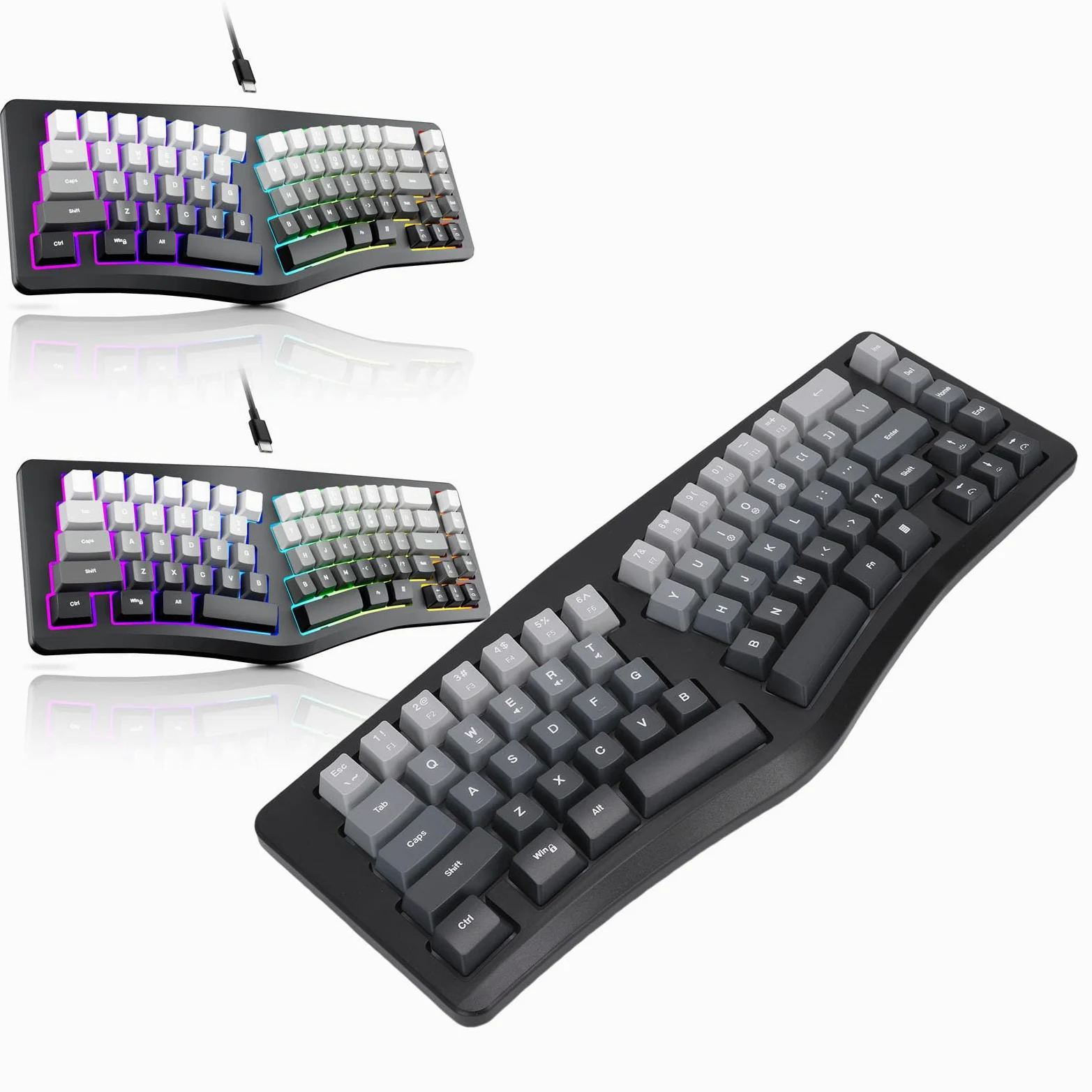 Tosuny Tastiera Ergonomica, Rgb Cablato USB Retroilluminato 69 Tasti Divisi Layout a Forma di 166 ° Ad Angolo di 166 °, con 7 Colori di Illuminazione, Tastiera da Gioco per Vittorie OS