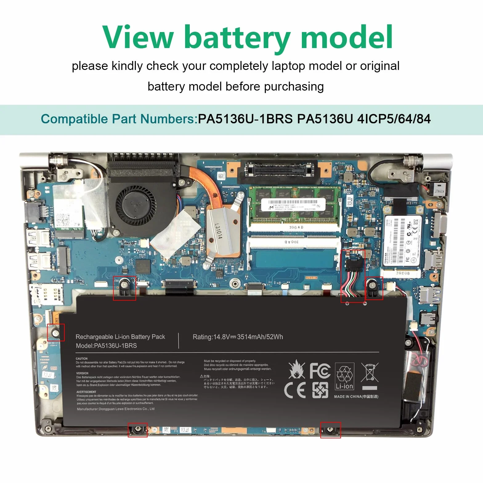 ASUNCELL 14.8V/52Wh PA5136U-1BRS Batteria del computer portatile per Toshiba Portege Z30 Z30-A Z30-B Series Z30-A1301 Z30-AK01S Z30-AK03S Z30-AK04S Z30-AK06S Z30-AK12S Z30-AK22S Z30-AK31S Z30-AK32S