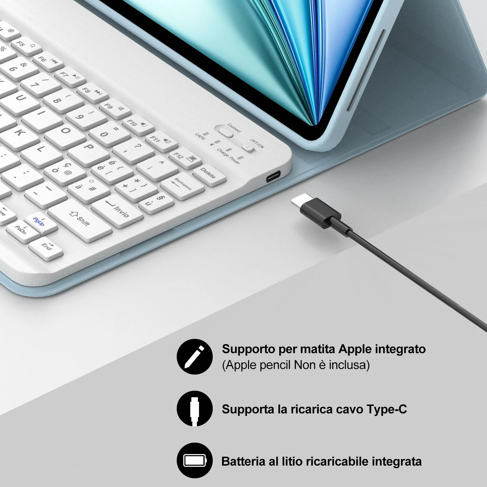 JADEMALL Custodia Tastiera per iPad Air 11 M2/M3/M4 2024/2025/2026, Italiano QWERTY Tastiera Bluetooth Magnetica Staccabile per iPad Air 11 M2/M3/M4 2024/2025/2026, Cielo blu