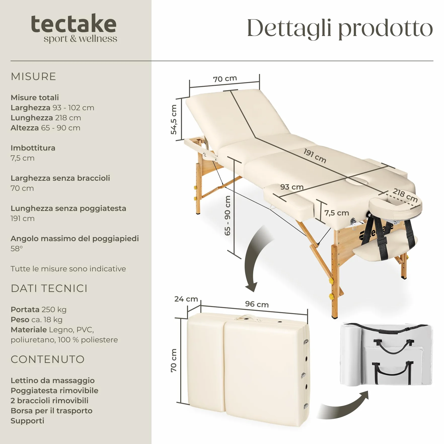 tectake Lettino da Massaggio Somwang Pieghevole Altezza Regolabile 250 kg Beige
