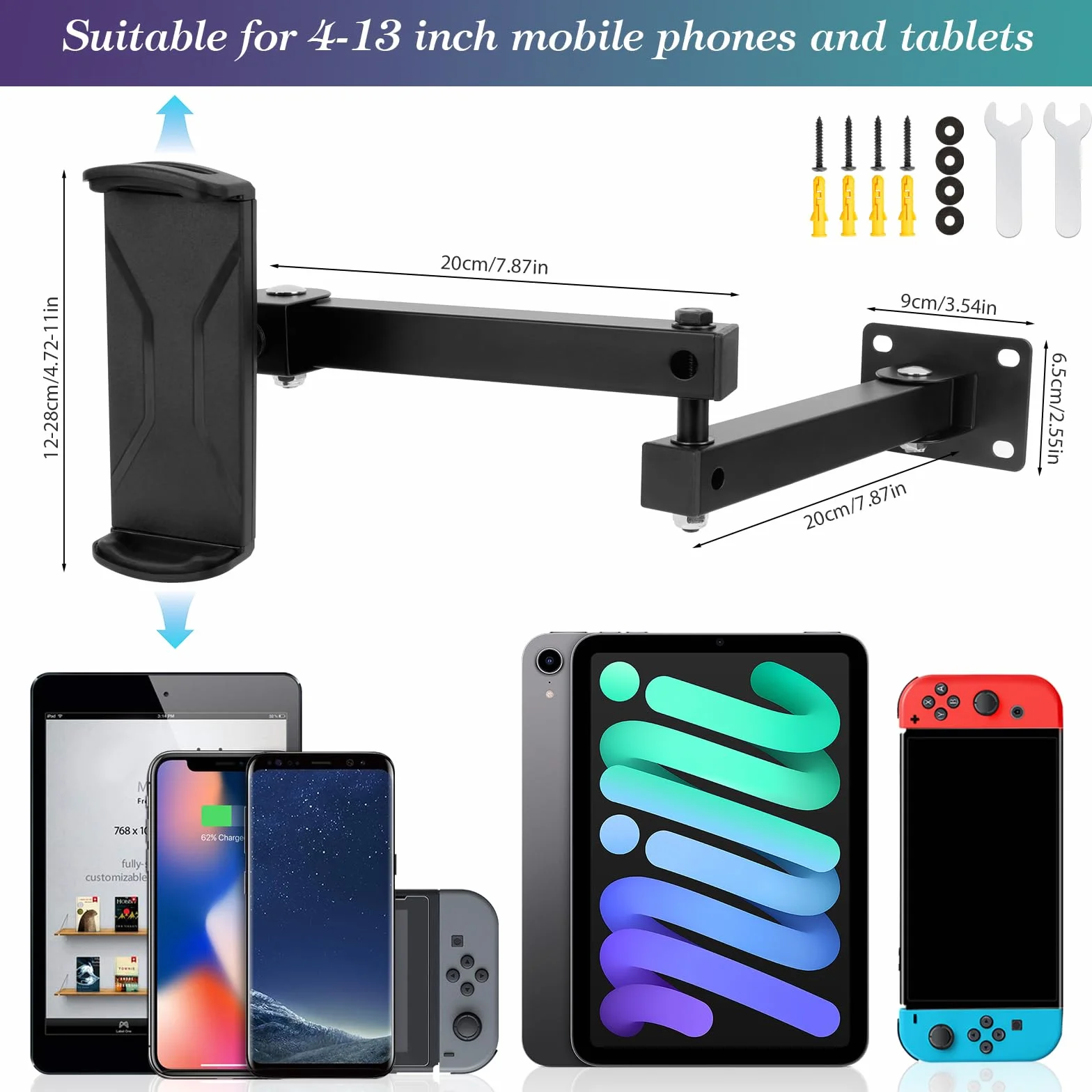 Dadabig Supporto da Parete per Tablet, Supporto Muro Tablet con Braccio Regolabile, Supporto Tablet Girevole a 360° Gradi per Tutti Smartphone e Tablet da 4-13 Pollici