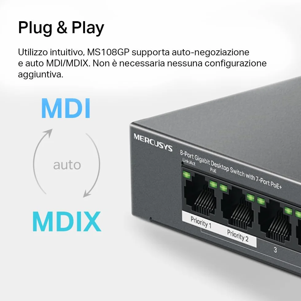 TP-Link Mercusys MS108GP PoE+ Switch 8 Porte Gigabit con 7 PoE+, 30W per Porta PoE, 65W su Tutte le Porte, 802.3af/at, Cassa in Metallo, Durevole e Silenzioso, Sdoppiatore Ethernet, Plug&Play
