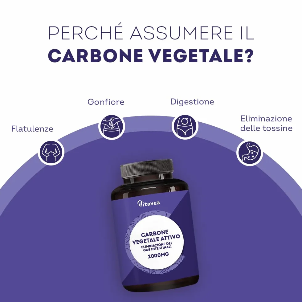 Carbone Vegetale Attivo 2000 mg 240 Capsule Vegetali Detox Naturale Pancia Gonfia