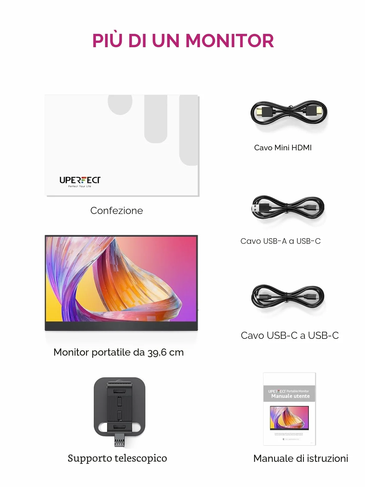 UPERFECT Monitor Portatile 15.6" 125% sRGB Portabler Monitor con Supporto Pieghevole, 2000:1 Contrasto HDR EyeCare FHD Opaco Secondo Schermo Ultrasottile per Laptop/PC/Smartphone/Console di Gioco
