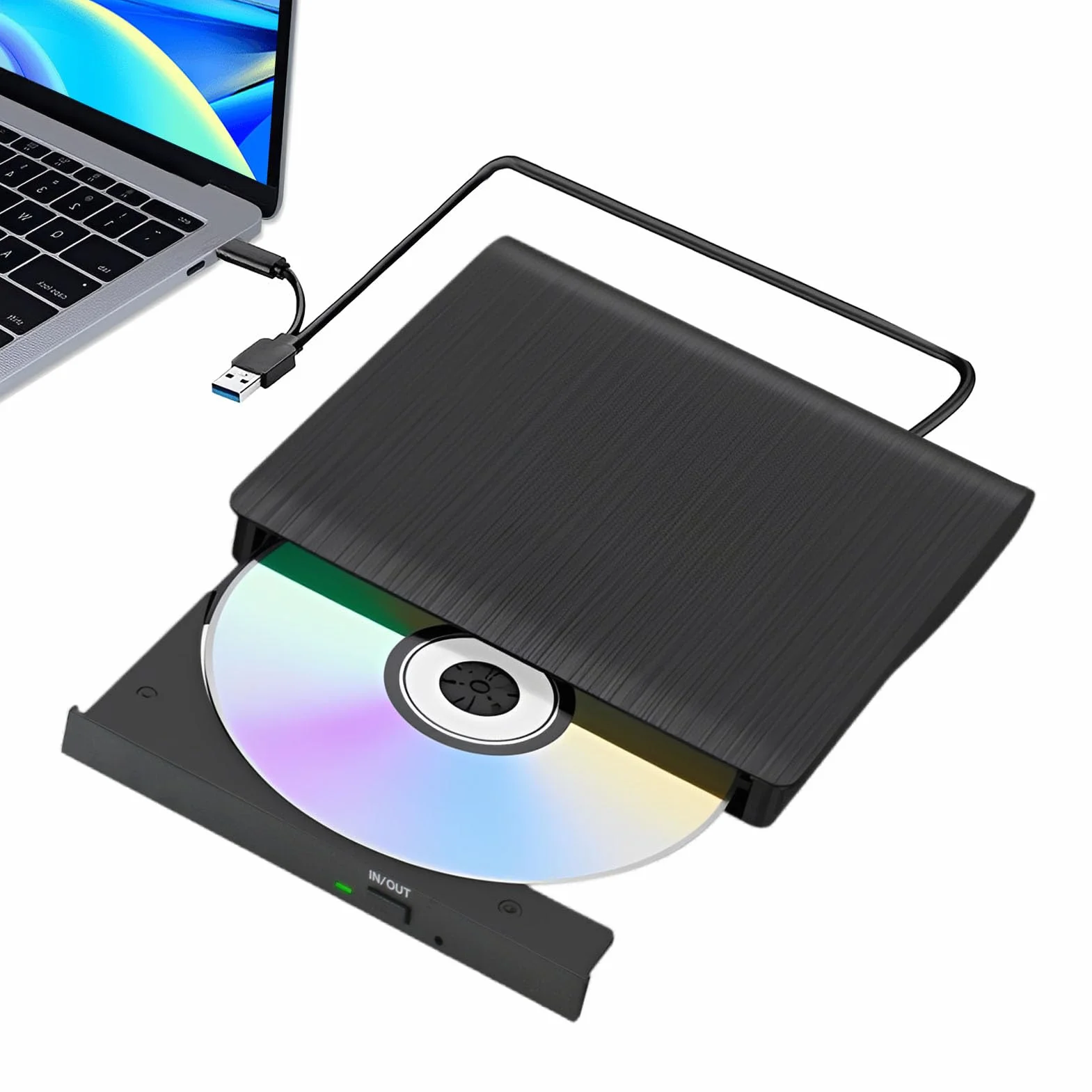 Lettore CD DVD esterno USB 3.0 e tipo C, masterizzatore DVD esterno portatile Plug and Play, lettore CD esterno per PC MacBook Windows Linux, lettore CD DVD esterno con cavo integrato