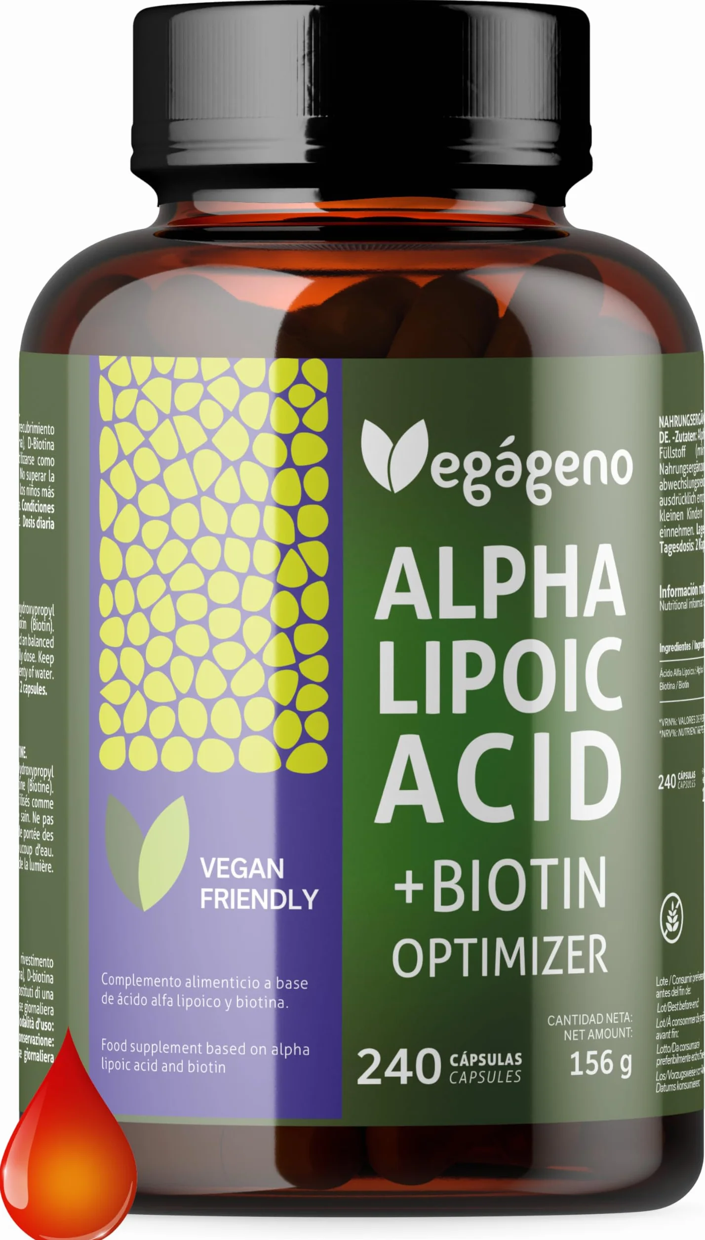 Acido Alfa Lipoico (ALA) + BIOTINA Optimizer 600 mg. 240 capsule vegetali. Antiossidante naturale. Senza glutine. Non OGM. Adatto a vegani