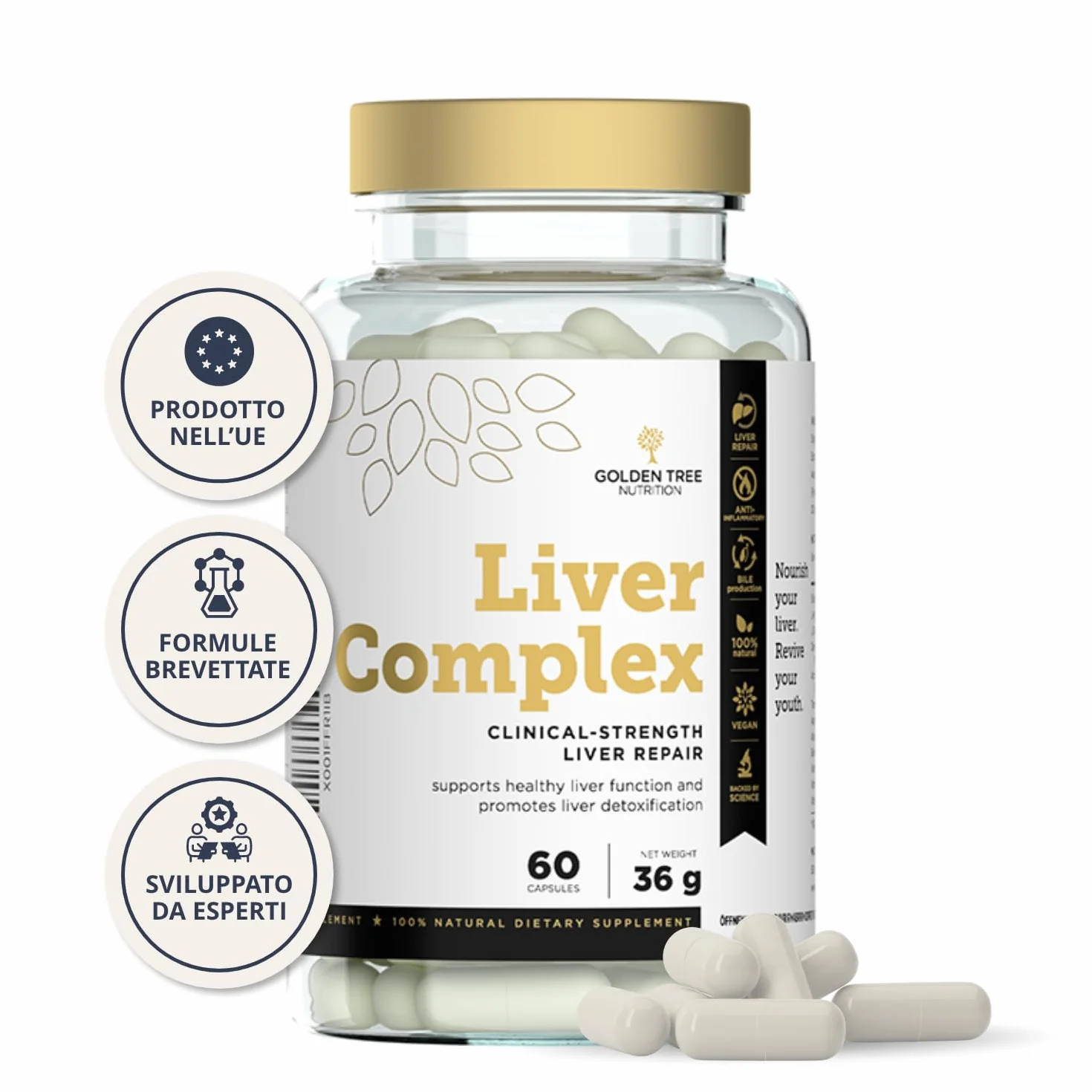 Golden Tree Liver Complex Integratore Fegato Cardo Mariano Tarassaco Carciofo Curcuma Colina Vitamine B6 B12 D3 E Pepe Nero 60 Capsule Vegane