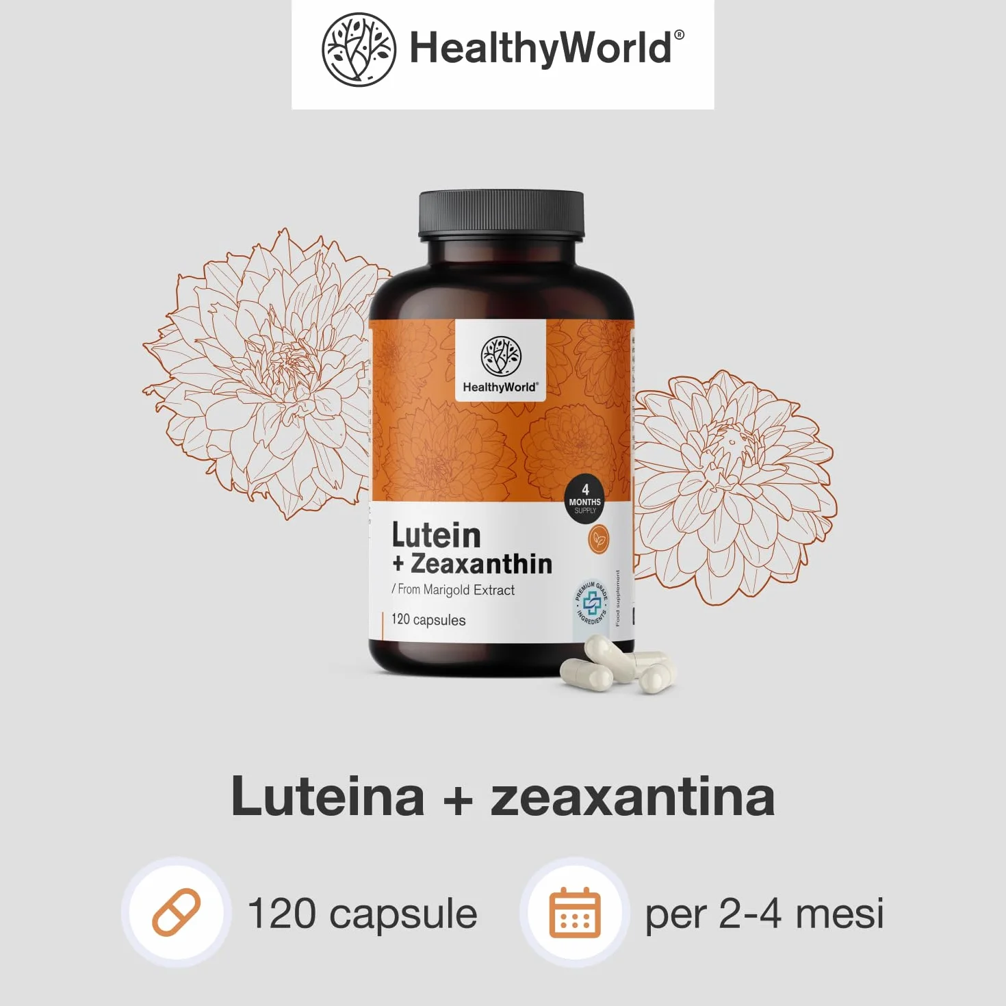 HealthyWorld® Luteina + Zeaxantina 120 Capsule Vegetali 32 mg Luteina 2 mg Zeaxantina Supporto Vista Occhi