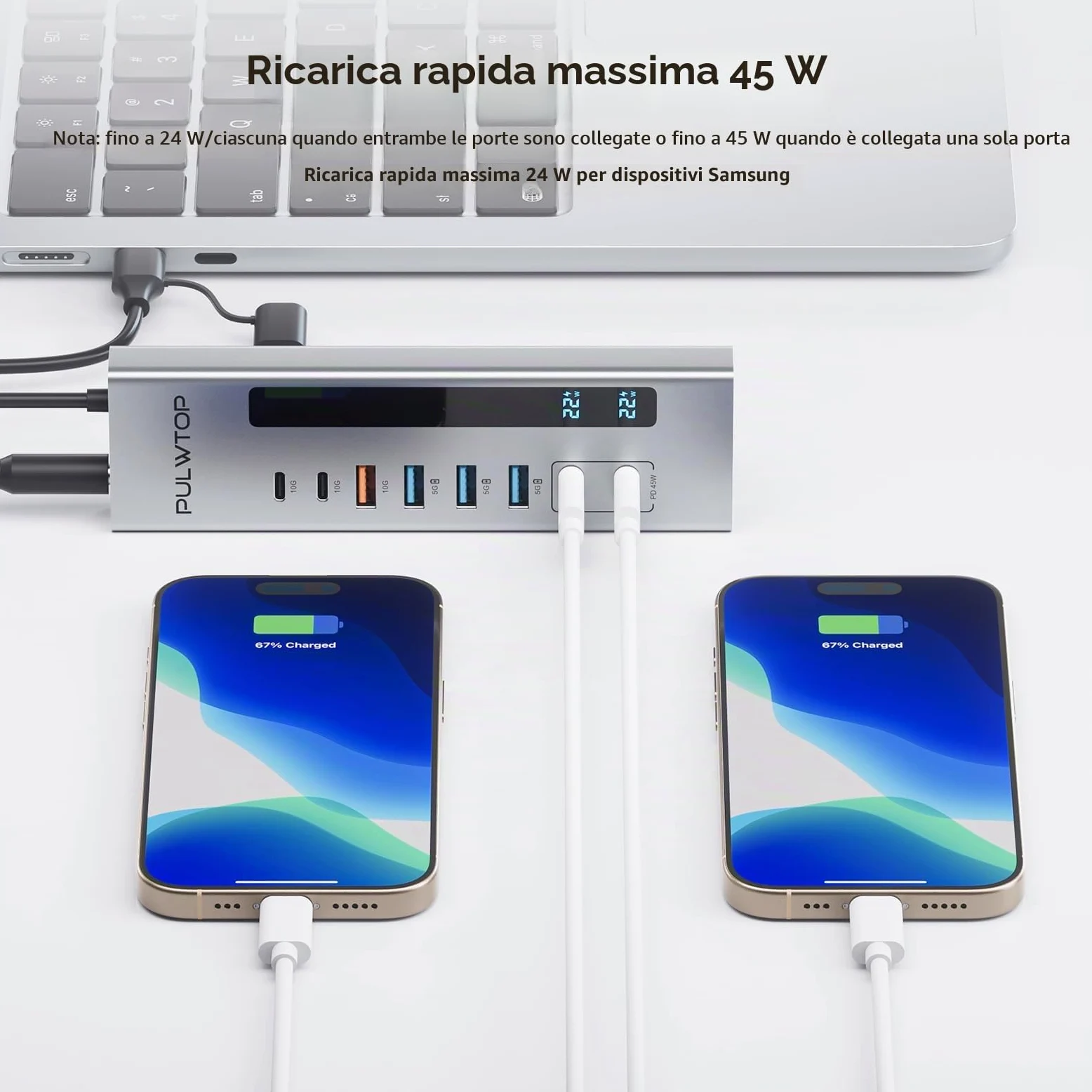 Hub USB C alimentato, hub USB con 2 porte di ricarica Type-C PD da 24/45 W | PULWTOP USB Hub con SD/TF, USB C 10Gbps, USBA 5/10Gbps e 24/45W Type-C PD Charging Ports, 72W Adapter Included