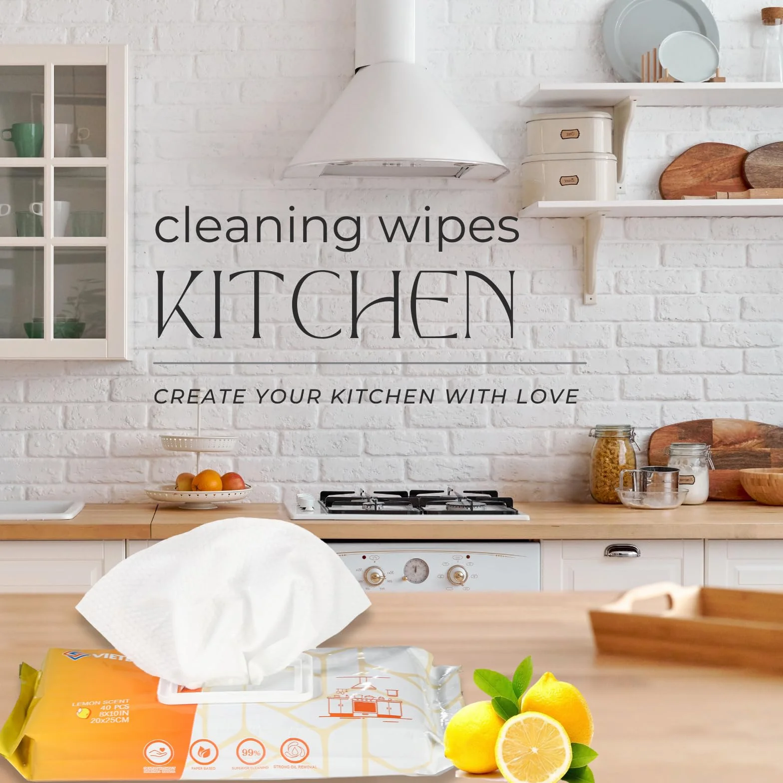 VIETDAI Salviettine Sgrassatore Cucina al Limone, Salviette Detergenti per Pulizia Piani a Induzione e Fornelli - 40 Pezzi
