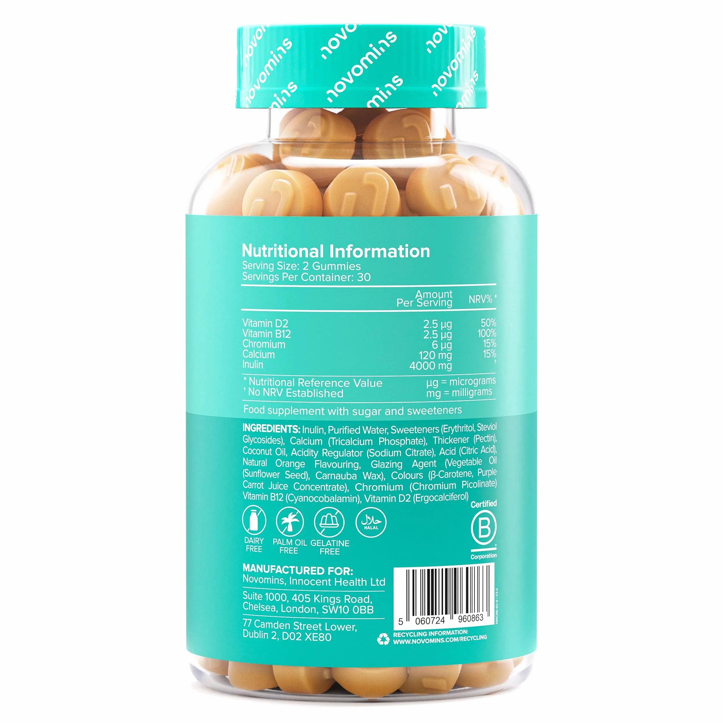 Novomins Fibre Gommose 4000 mg Inulina con Calcio, Cromo, Vitamina D e B12 - 60 Gommose Gusto Arancia