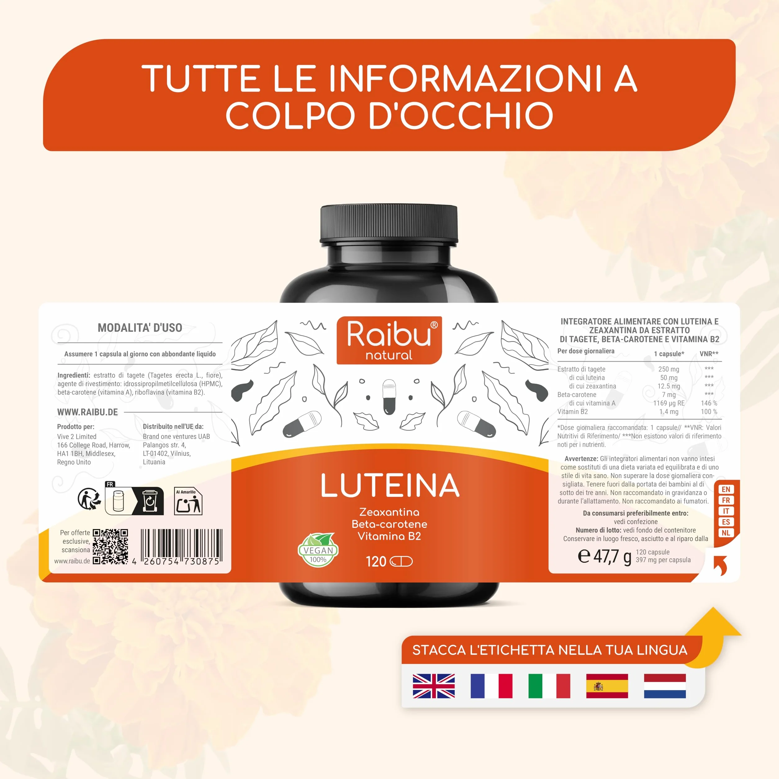 Integratore Occhi Luteina Zeaxantina 50 mg 12,5 mg Vitamina A B2 Calendula 4 Mesi