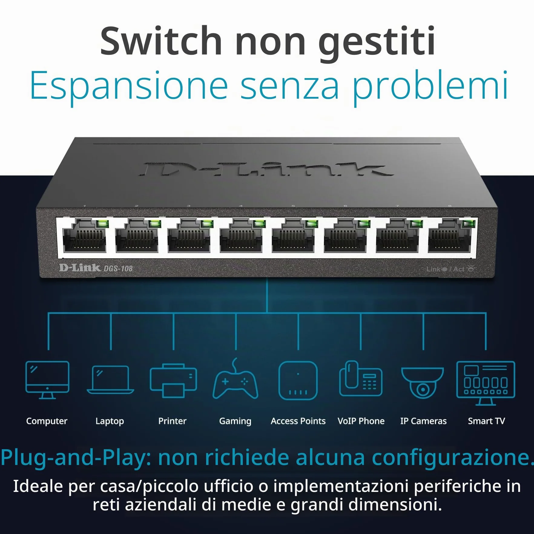 D-Link DGS-108 Switch 8 Porte Gigabit, Struttura in Metallo, Nero/Antracite