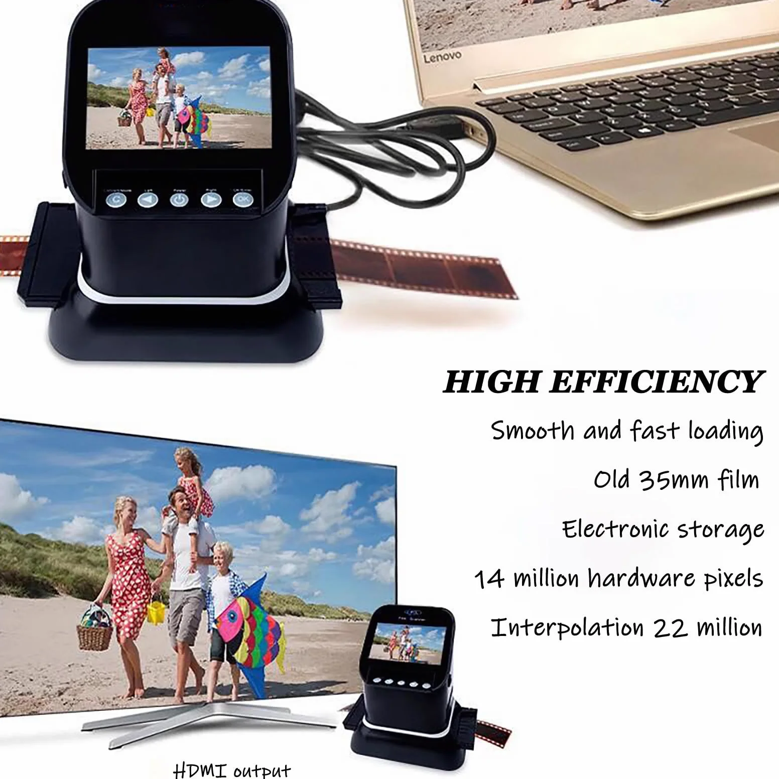 Scanner portatile per film, convertitore digitale ad alta risoluzione con schermo LCD, converte negativi e diapositive in JPEG