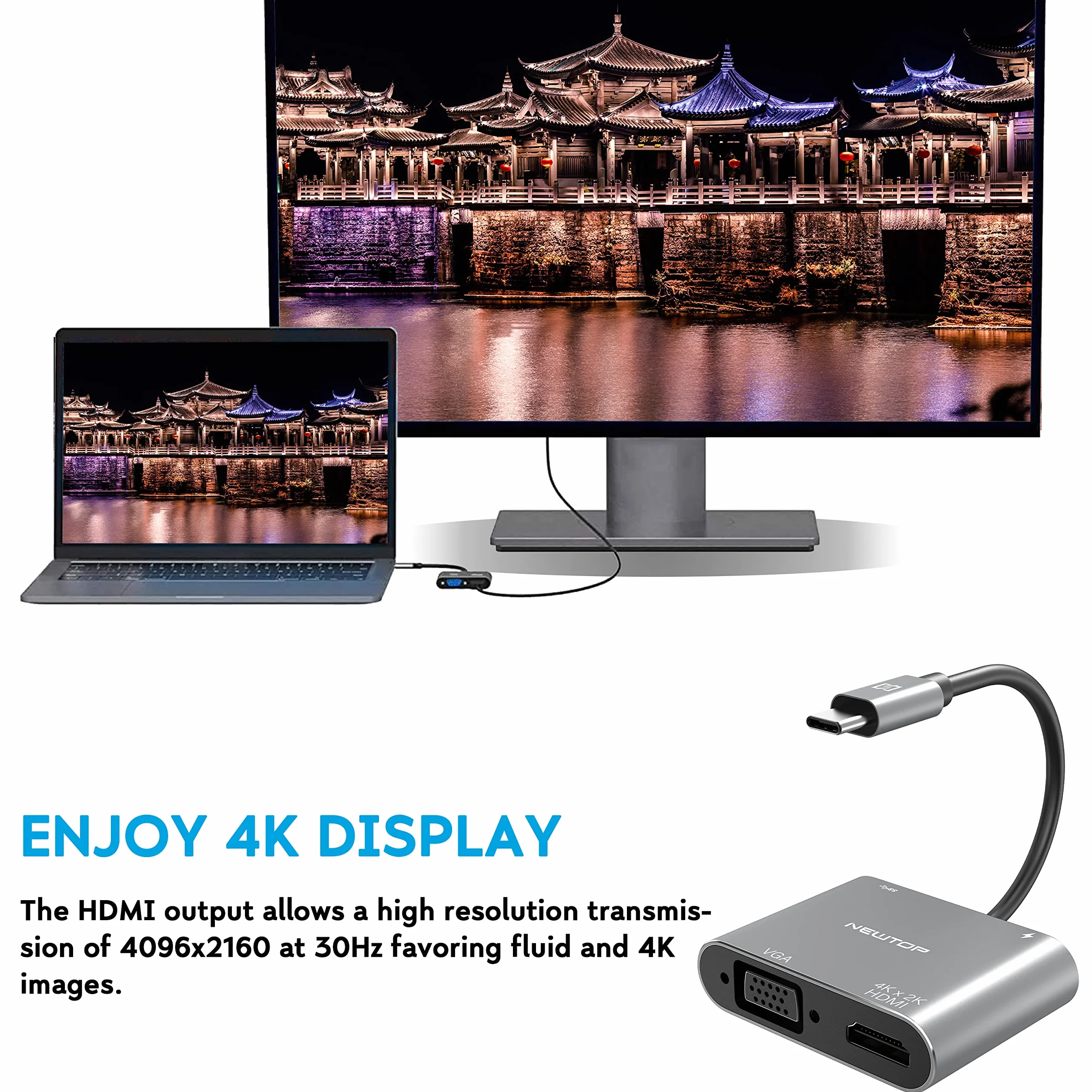 N NEWTOP Adattatore 4in1 HUB AD29 da Type-C Maschio a Femmina USB C HDMI 4K HD 2K VGA USB 3.0 Cavo Carica PD OTG Convertitore Video Audio Dati per Notebook Smartphone Console Laptop