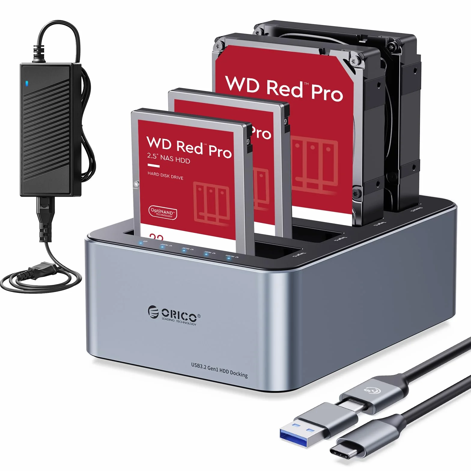 ORICO Docking Station 4 Bay USB 3.2 Gen 1 per SATA 2.5/3.5" SSD/HDD Cloni Offline Alimentatore 12V 6.5A
