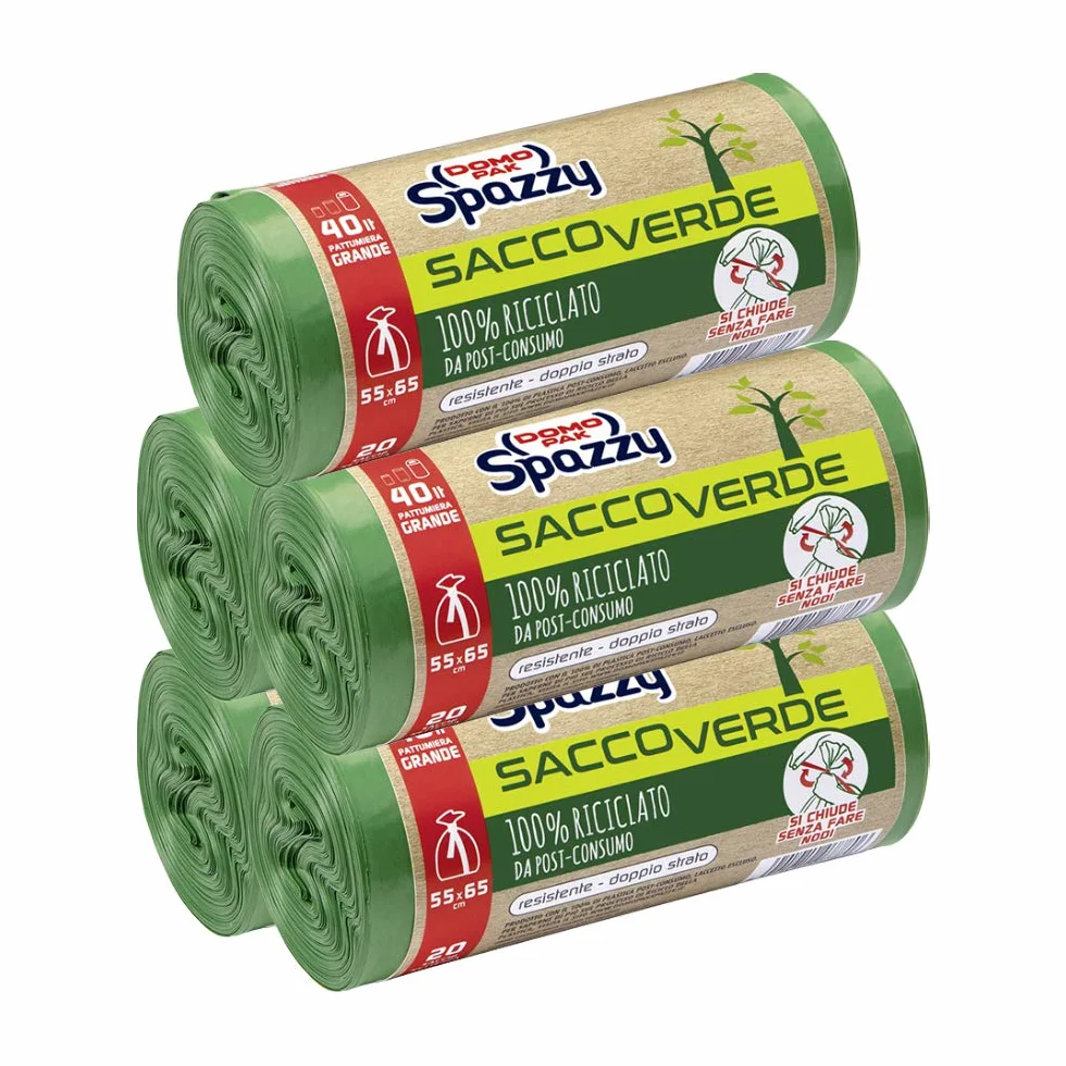 Domopak Spazzy Sacchi Nettezza Saccoverde Avvolgi & Chiudi 40 Lt Verde Riciclato 5 Confezioni 100 Pezzi 1350 g