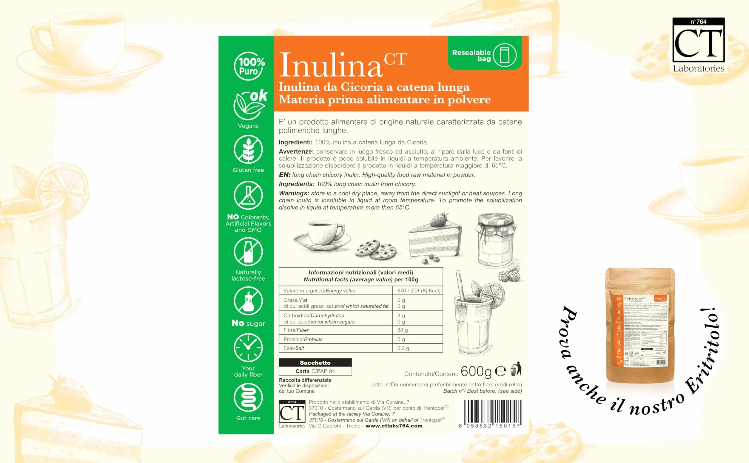 Inulina Pura da Cicoria in Polvere 600 g – Fibra Prebiotica Naturale | Supporta Flora Intestinale e Digestione | Senza Glutine, Zuccheri e Lattosio | Vegan, Keto Friendly | CTLabs