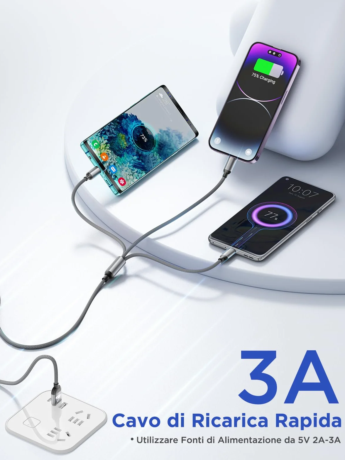 3 in 1 Multiplo Cavo USB Type-C 1.2M Ricarica Rapida Nylon Intrecciato per Samsung iPhone Huawei