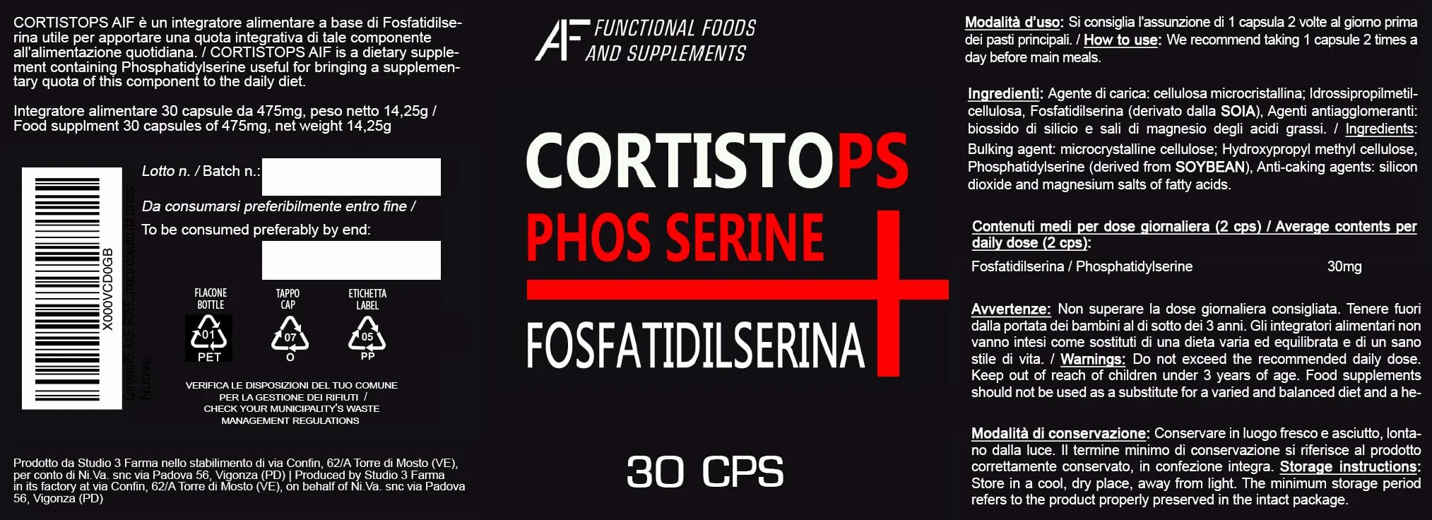 CortistoPS A.I.F. FOSFATIDILSERINA 30 capsule contrasta il cortisolo riduce gonfiore addominale stress