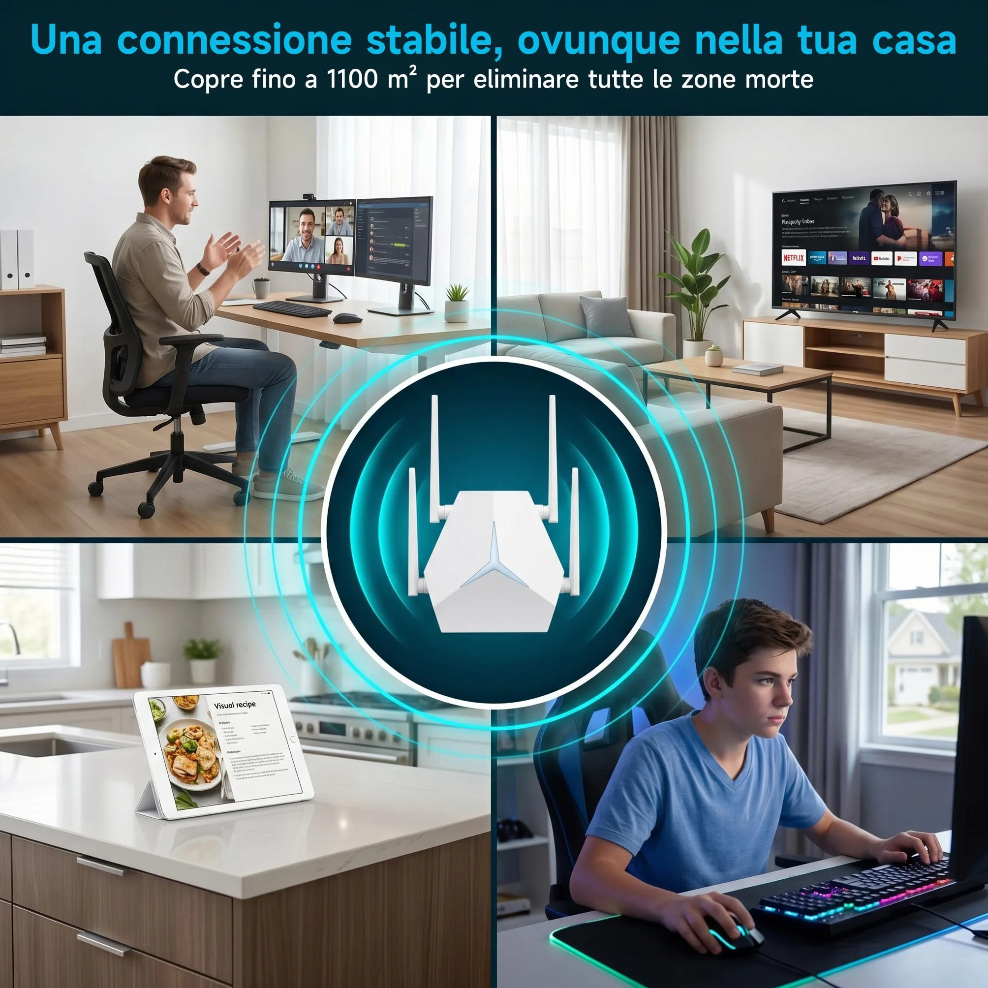 Ripetitore WiFi 1167Mbps Doppia Banda 2.4G+5G, Amplificatore Segnale per Casa Ufficio, Elimina Zone Morte, Compatibile con Router