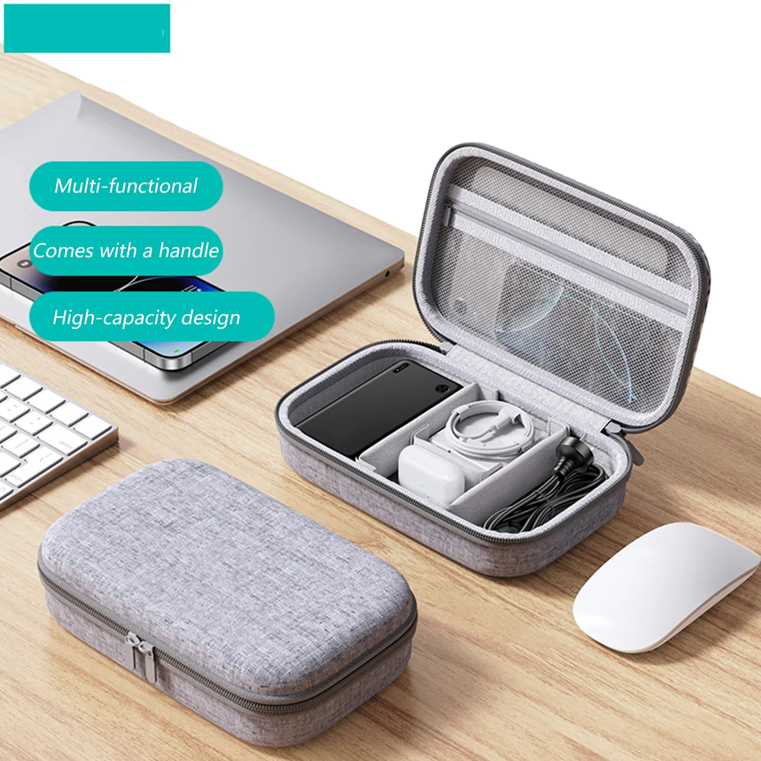 Custodia ergonomica doppia custodia protettiva impermeabile organizer per viaggio antiurto gadget elettronici borsa di immagazzinaggio, grigio