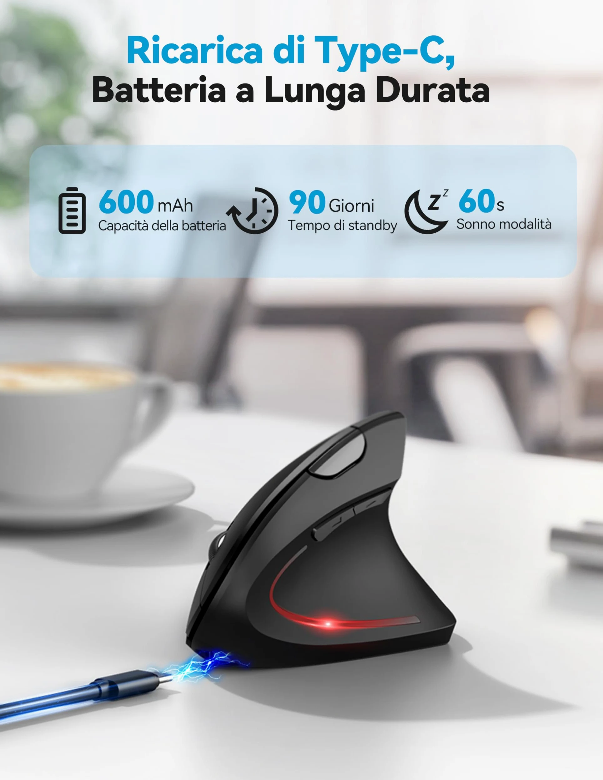 TECKNET Mouse Verticale, Mouse Bluetooth Ergonomico Ricaricabile, Wireless Ottico Right Handed 6 Pulsanti, Multi-dispositivo (BT5.0/3.0+USB-A), 4800 DPI 6 Livelli Regolabili, Ampia compatibilità-Nero