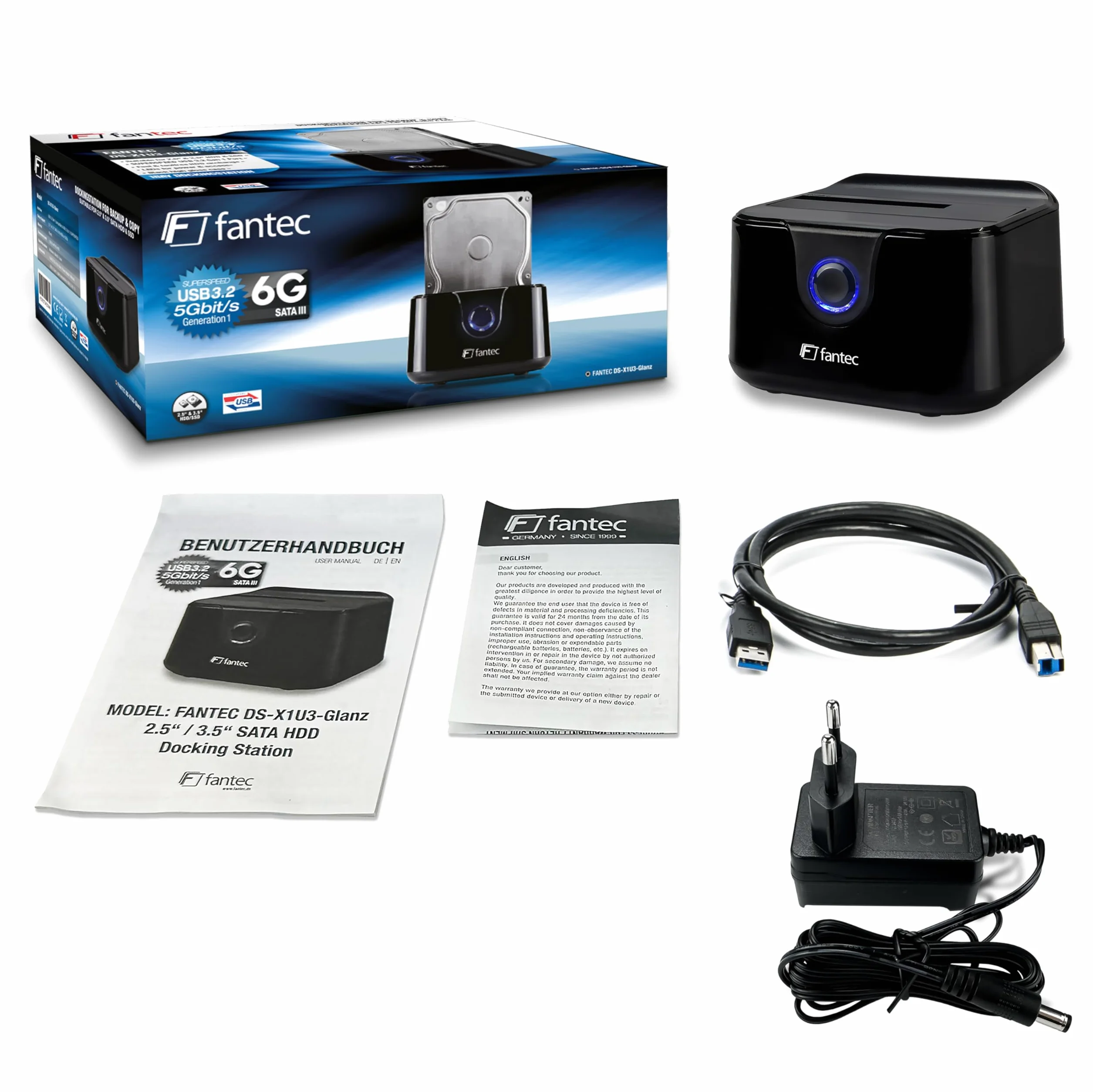 FANTEC DS-X1U3-Glanz USB 3.2 Gen1 Docking Station for 2.5/3.5 inch SATA SSD Hard Disk, 5Gbit/s, Black