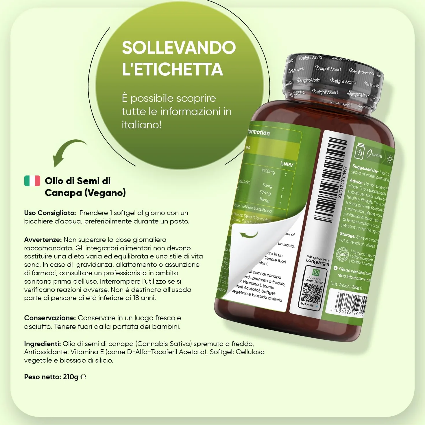 Olio di Canapa 1000mg per Softgel, 180 Softgel Vegane, Omega 3 6 9, ALA, Spremuto a Freddo