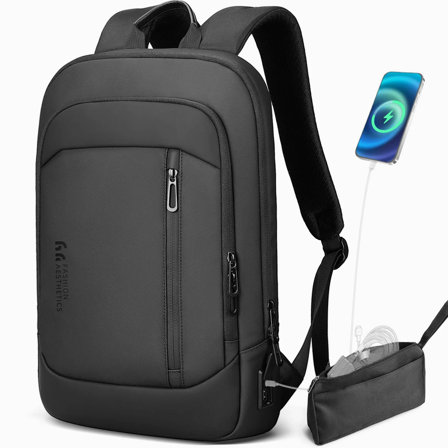 Zaino Ultra Sottile da Uomo, Impermeabile per Zaino porta PC | Laptop da 15,6 pollici con Porte di Ricarica USB A&C, Leggero e Antifurto per Lavoro Ufficio Viaggi e Viaggi d'Affari, Nero