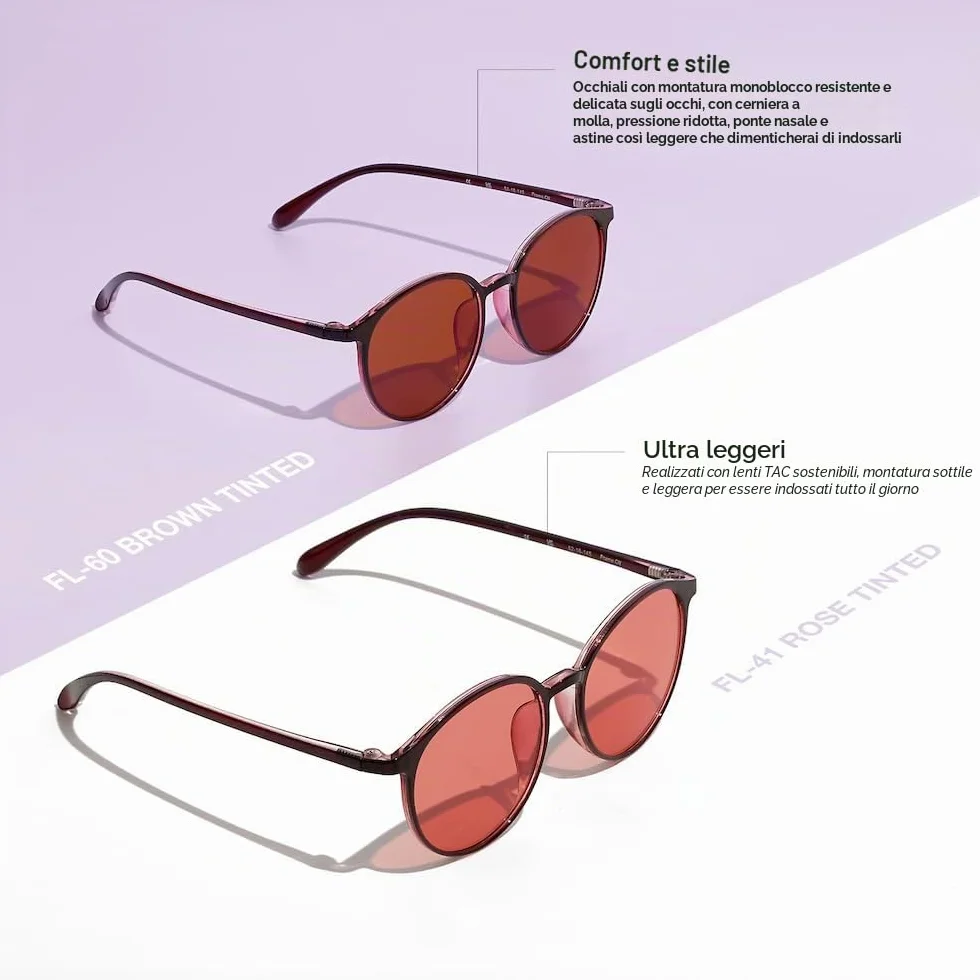 BRADDELL OPTICS Occhiali anti-luce blu FL-41 rosa FL-60 marroni per fotofobia e computer