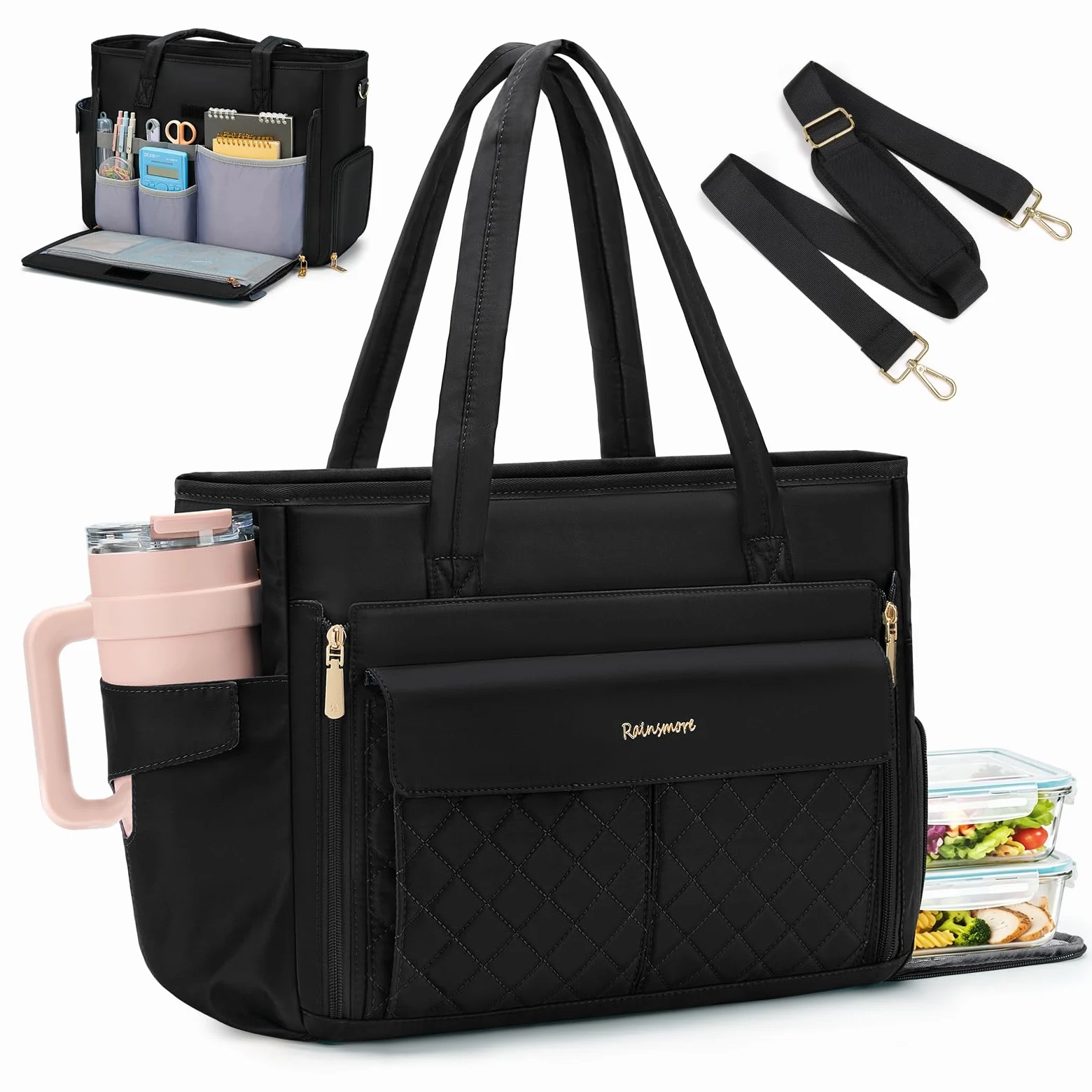RAINSMORE Borsa da Lavoro Donna con Scomparto Termico per Pranzo | Borsa Porta PC 15,6 Pollici Grande Capacità, Borsa Insegnante Impermeabile per Ufficio, Scuola, Università e Viaggio