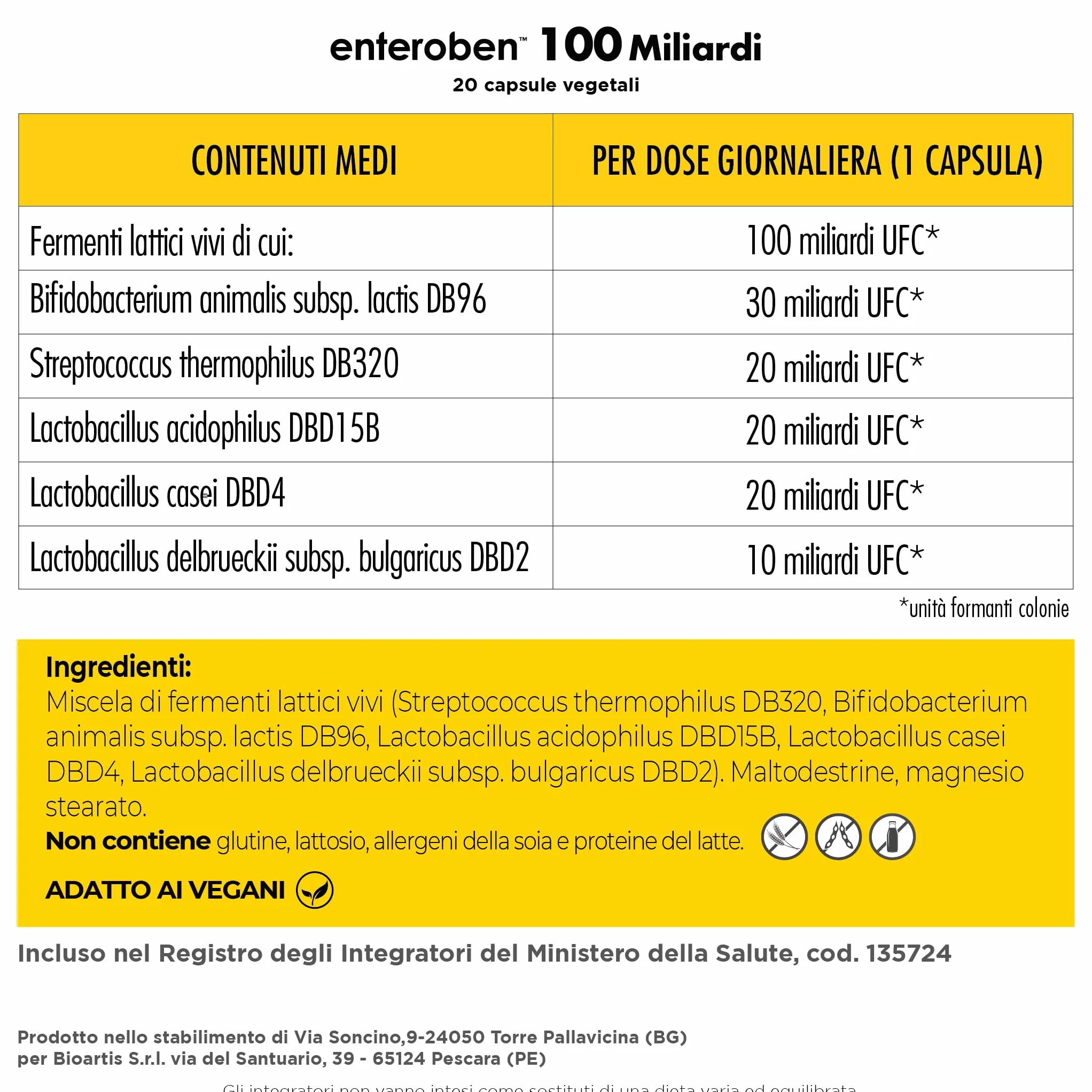 Integratore Alimentare Fermenti Lattici Probiotico 100 MLD 20 Capsule
