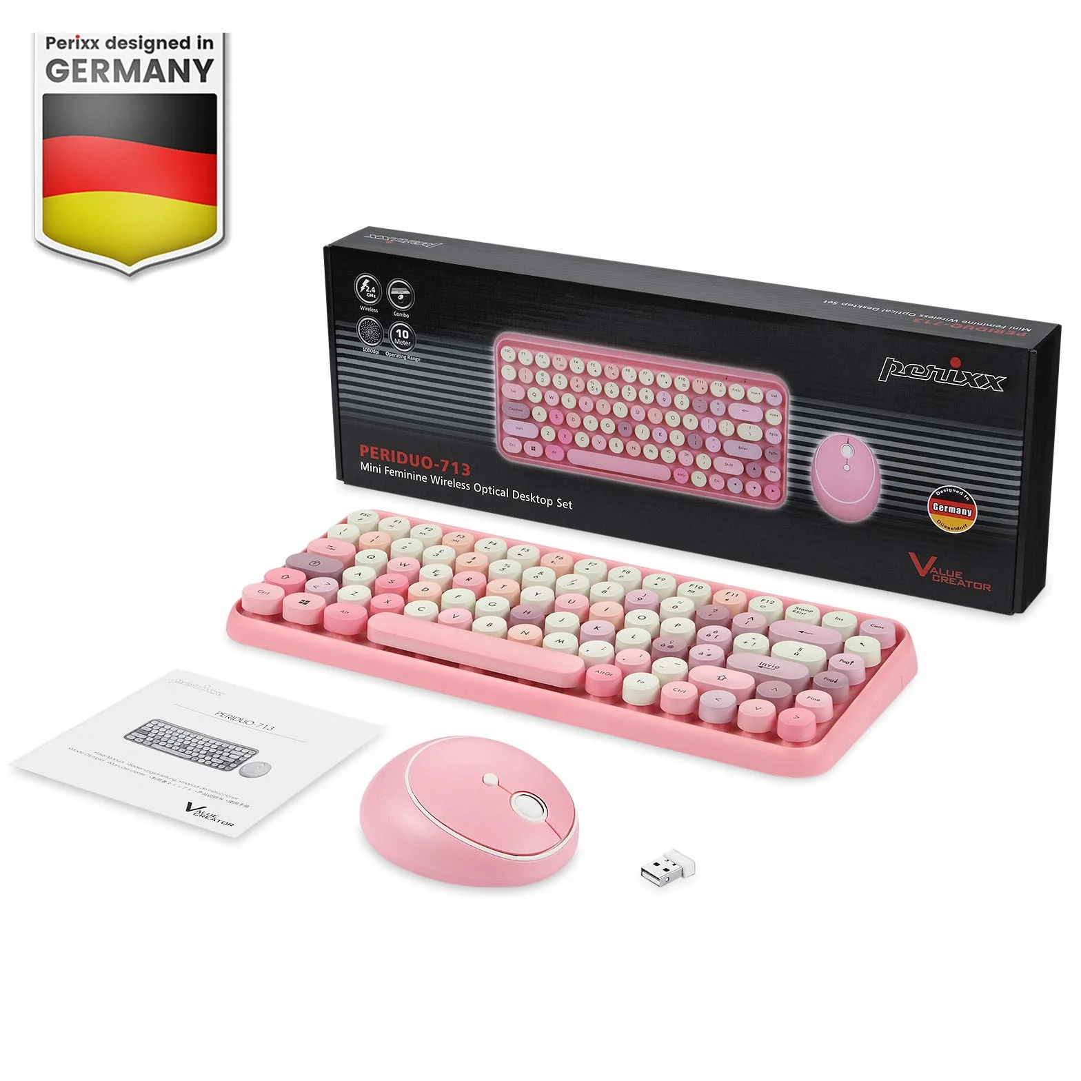 Perixx PERIDUO-713 Tastiera e mouse wireless, tasti rotondi, design macchina da scrivere retrò, tasti multimediali, cute colore rosa, QWERTY italiano