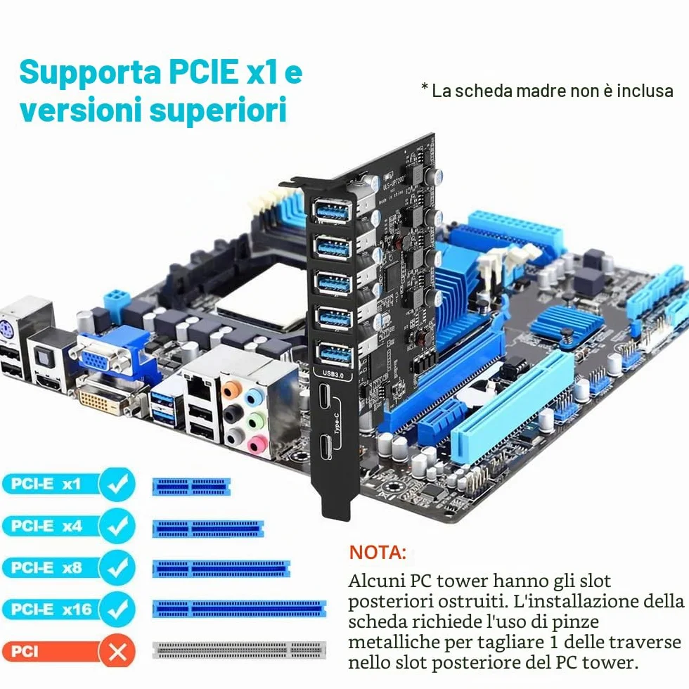 Scheda PCIe USB 3.0 (USB 3.2 Gen 1) da 7 Porte 5 Gbps per Computer Windows e Mac