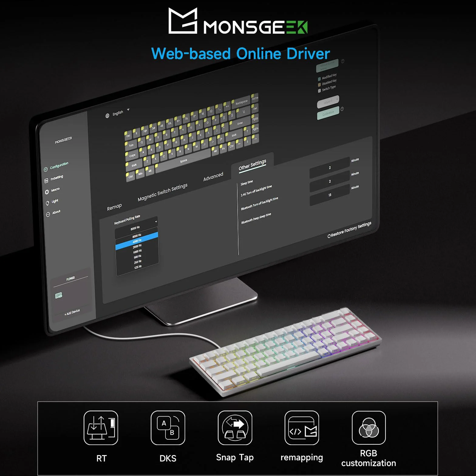 MONSGEEK Tastiera FUN68 HE Rapid Trigger 0,005 ms 8000 Hz RGB 65% Cablata Interruttore Magnetico