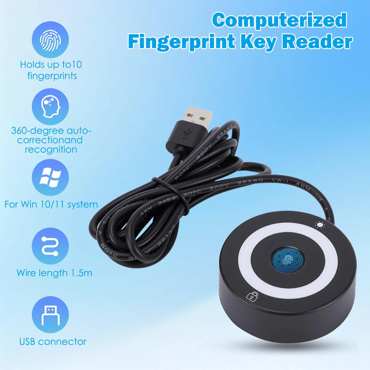 Logger per impronte digitali USB, con luci che cambiano colore, blocco software di rilevamento delle impronte digitali capacitivo con luci che cambiano colore all'accensione, compatibile con Windows