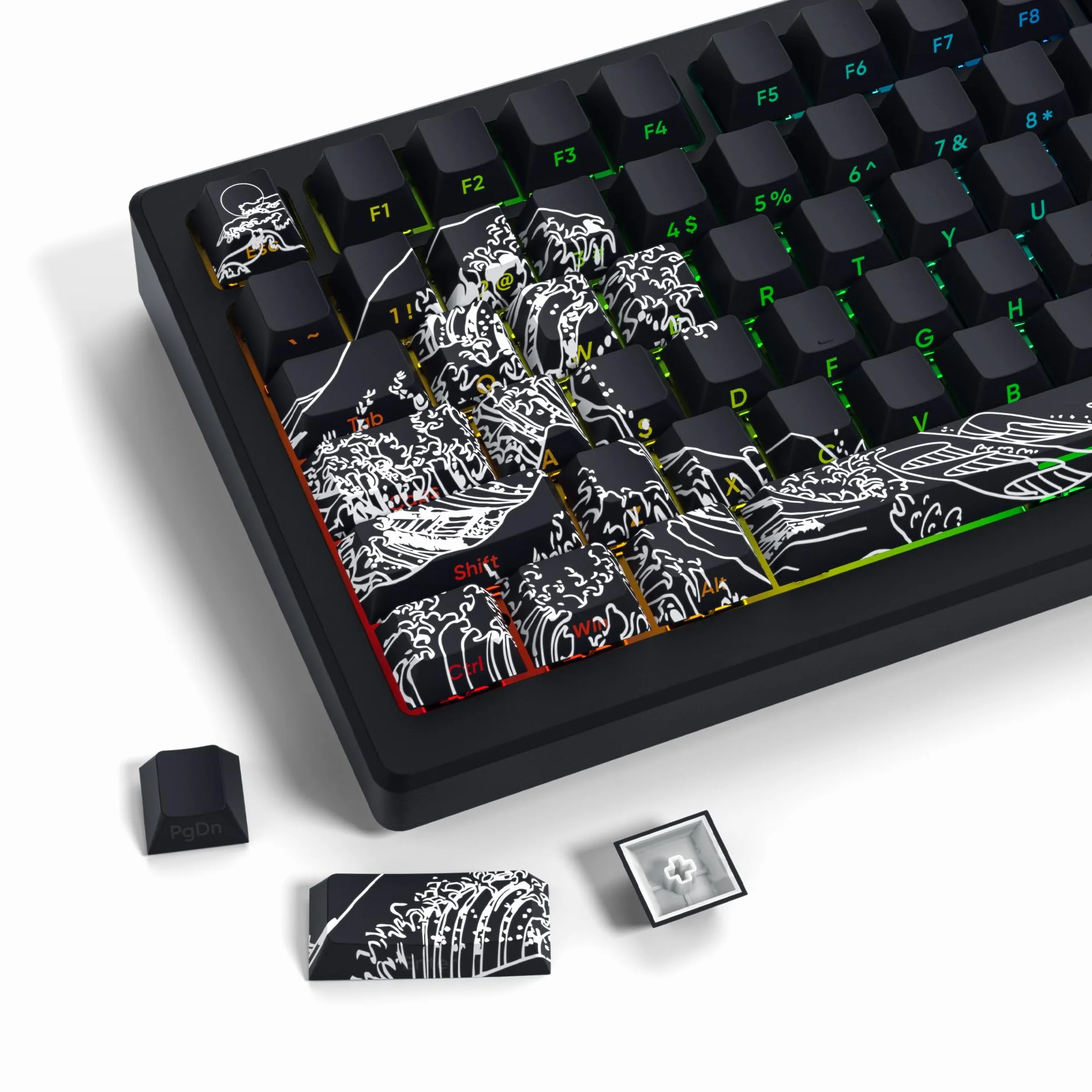 Keycaps PBT Custom Cherry Profile Shine Through Wave of Kanagawa Double Shot Side Print Dye Sub Keycap Set