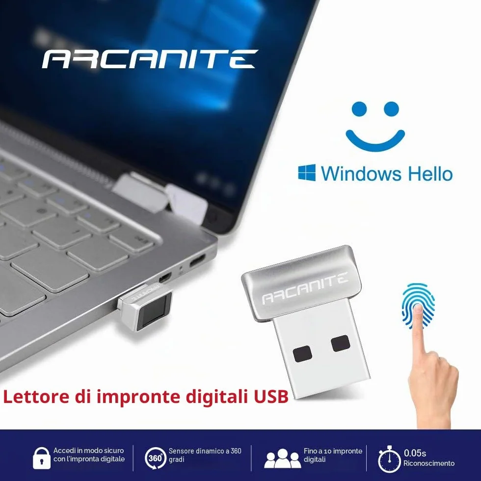 ARCANITE, Lettore di impronte digitali USB per Windows 11/10 Hello, dispositivo di sicurezza con sensore a 360 gradi, latenza 0,05 s