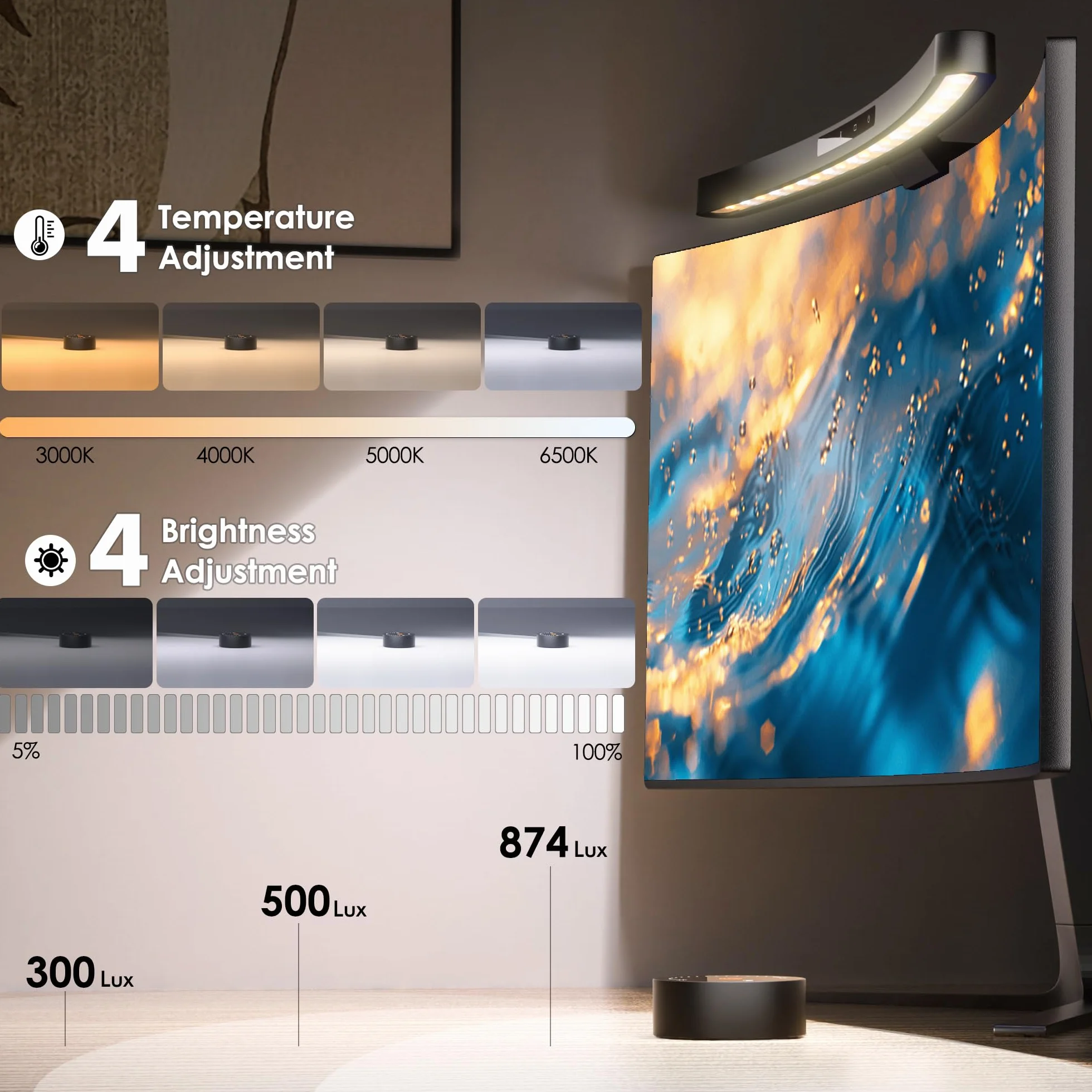 Quntis USB Lampada Monitor Curvo da 45CM con Controllo a Sfioramento e Telecomando, Luce Monitor con Oscuramento Automatico per la Cura Degli Occhi, Luce Anti-Blu, Antiriflesso, Salvaspazio