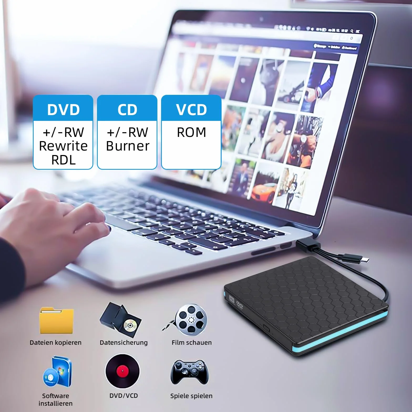 Masterizzatore DVD Esterno, Lettore CD Esterno per PC Portatile Unità Esterna USB 3.0 DVD-R CD-RW Drive Dispositivo Ultra Slim Per Laptop Windows 98/ME/ 2000/XP/Vista/7/8/10/11 Mac Linux