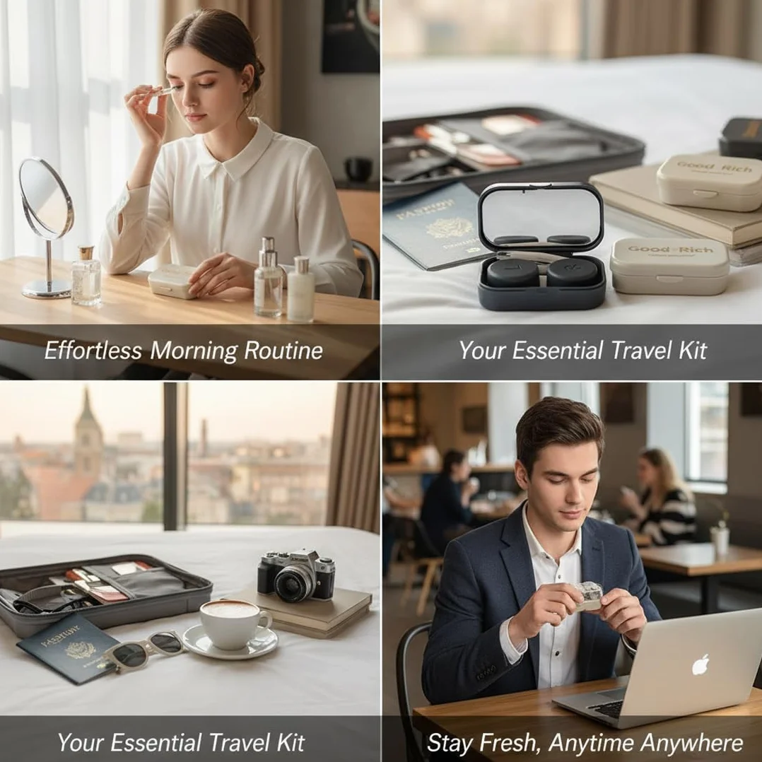 Set da 2 Porta Lenti a Contatto con Specchio Beige e Grigio – Kit da Viaggio Compatto con Pinzette e Ventosa